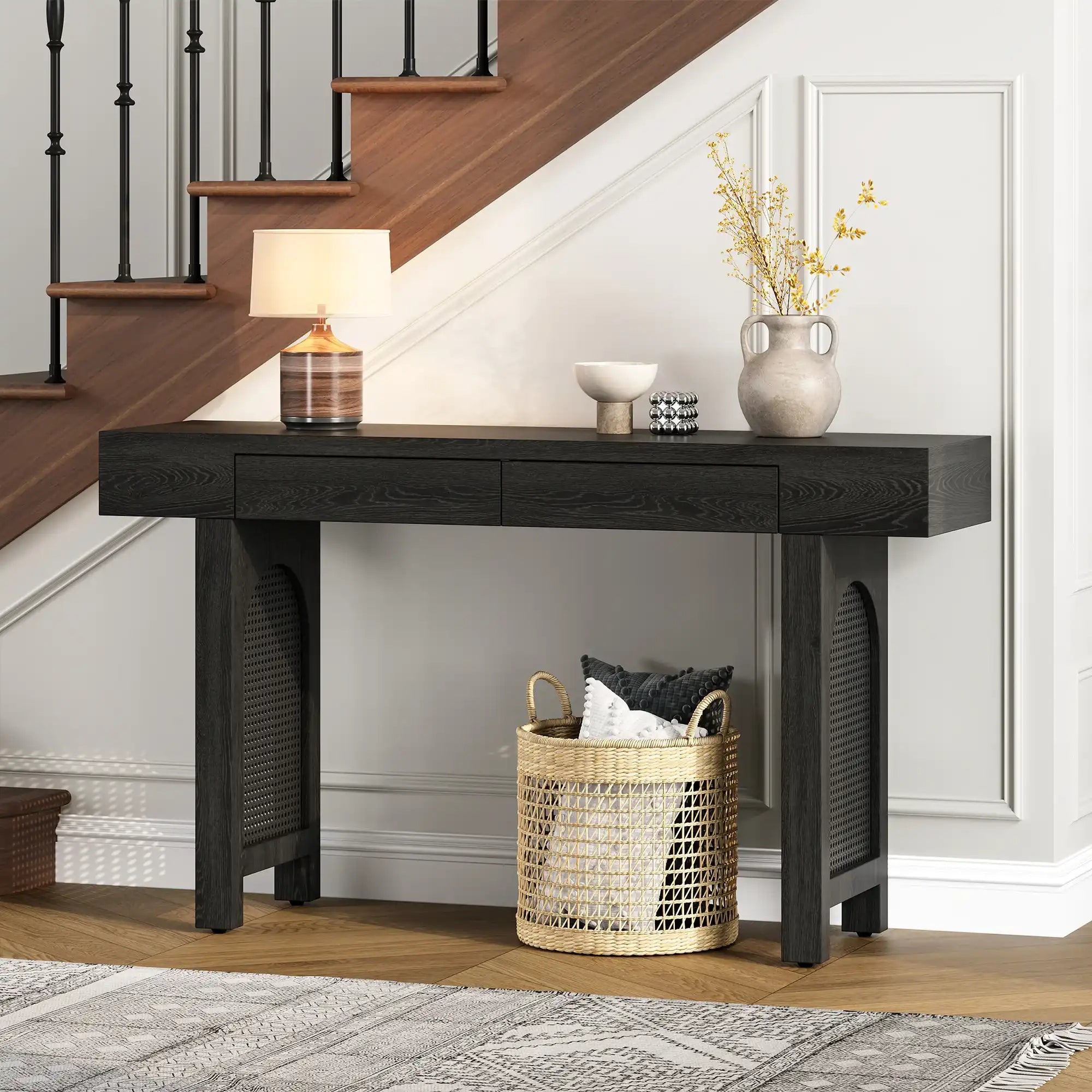 Devyn Modern Console Table With Rattan Accent
