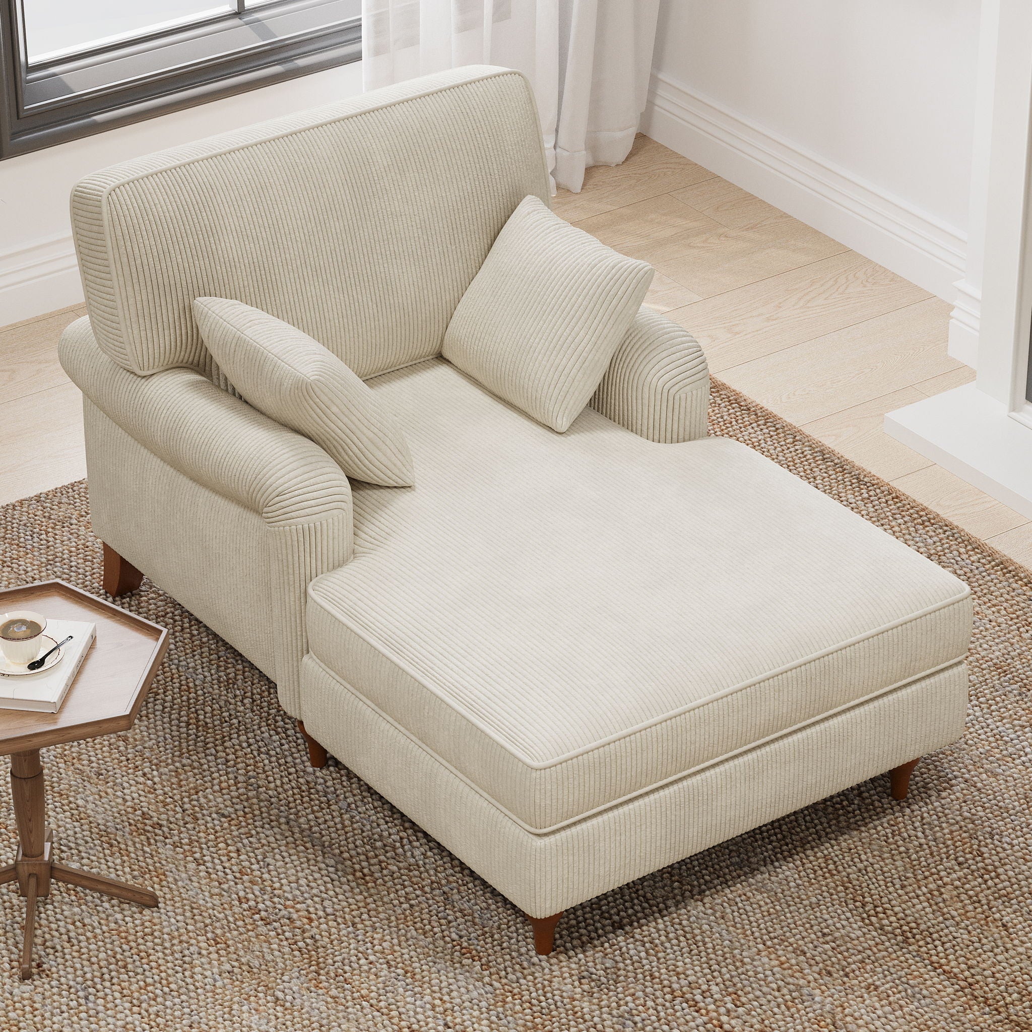 Oversized Chaise Lounge Chair Indoor With 2 Comfy Pillows Rolled Arms Corduroy Fabric Sleeper Sofa Chair For Living Room Bedroom - Beige