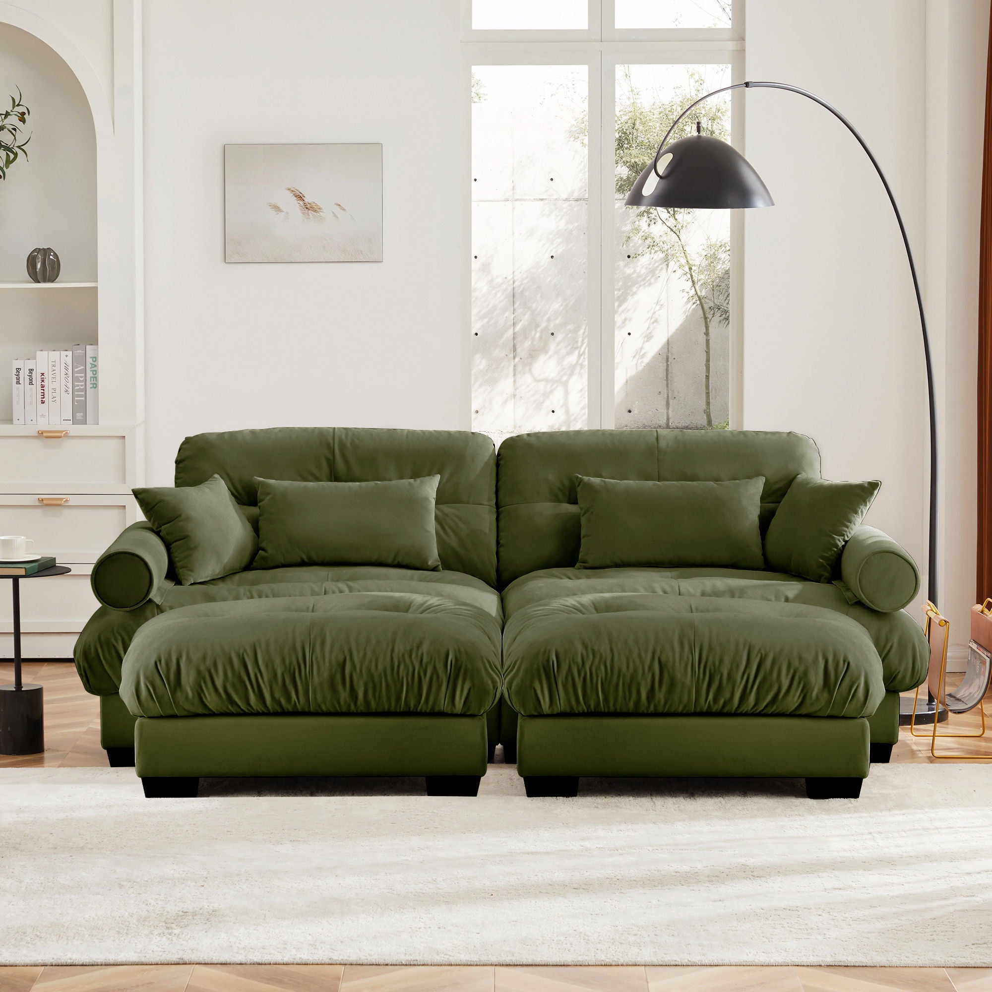 Modern Sectional Sofa With Ottoman, Round Bolster Armrests, Waist And Throw Pillows