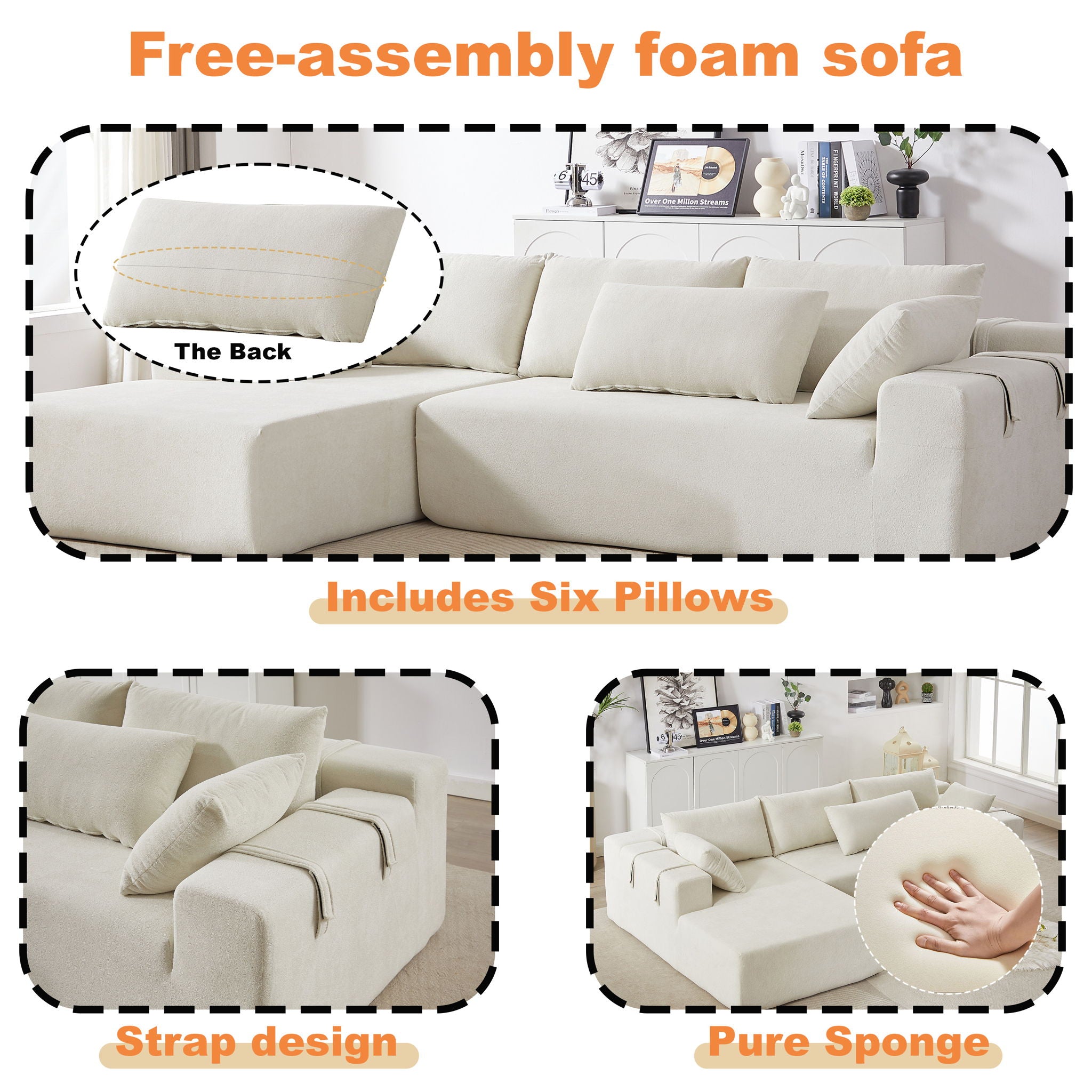 Modern Chenille Upholstered Sectional Sofa Couch Set With 6 Pillows,Free Combination