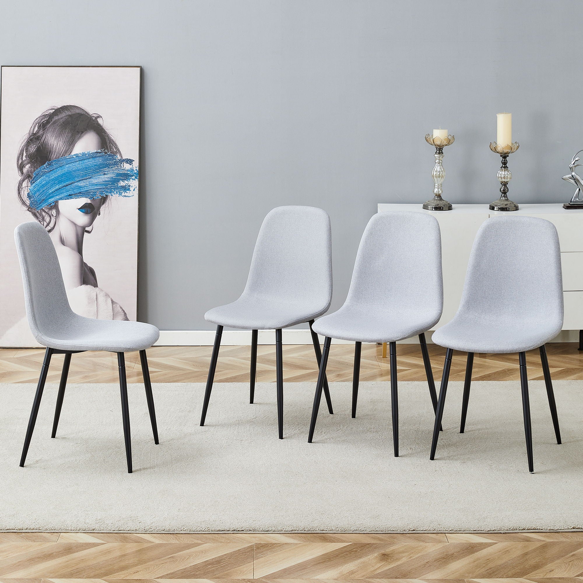 Modern Medieval Style Cushioned Side Chairs Set With Black Metal Legs For Kitchens