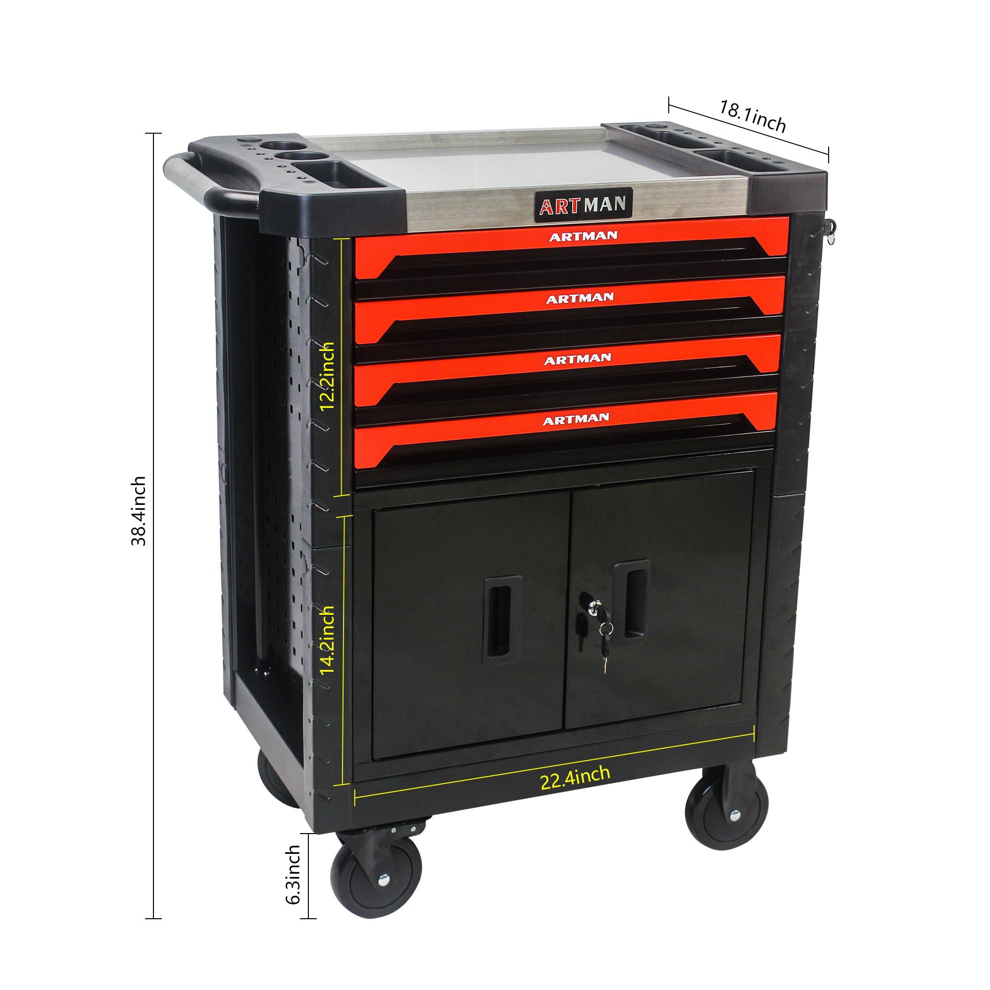 Removable 4 Drawer Metal Tool Cart With Lock - Black / Red