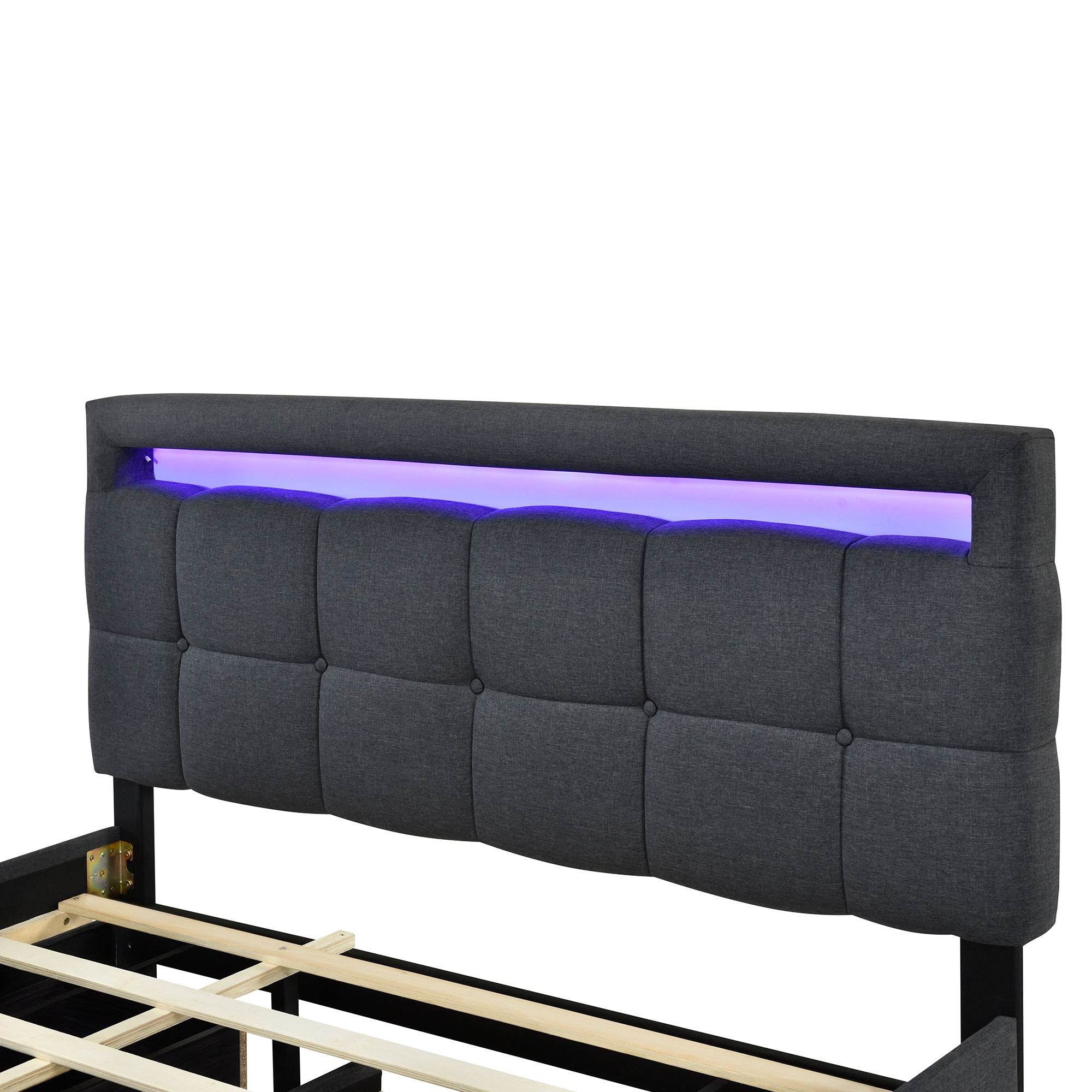 Upholstered Platform Bed With LED Frame, With Trundle And 2 Drawers