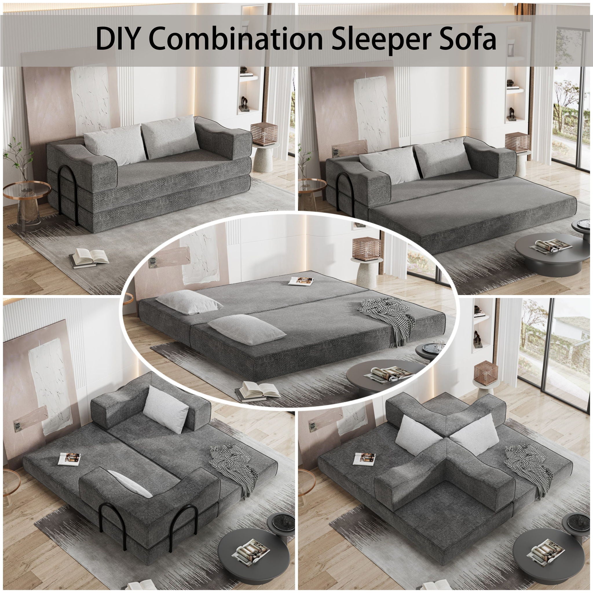 Convertible Couch Bed With 2 Pillows, 3 Seat Folding Floor Couch & King Size Bed Mattress, Diy Combination - Gray