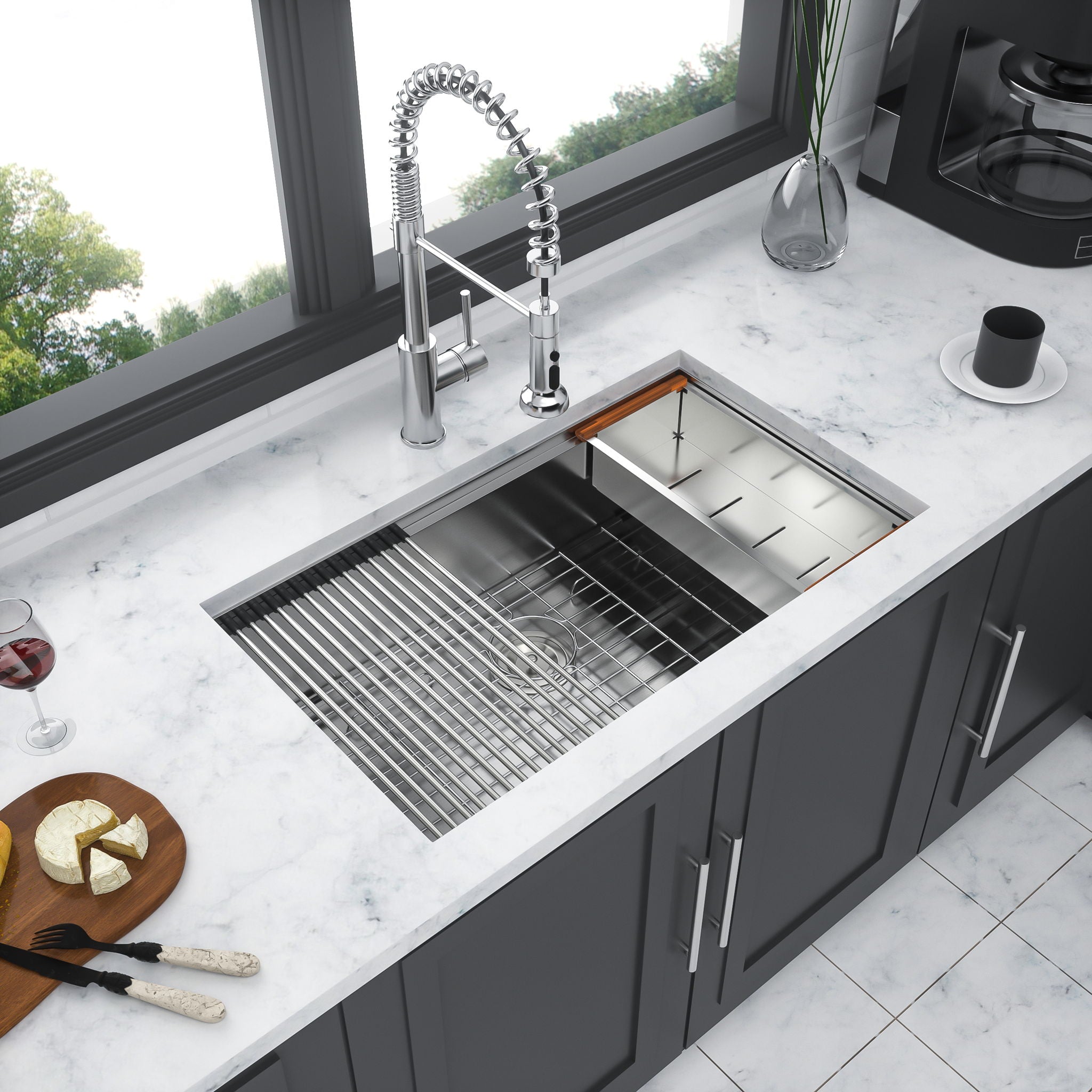 30" Undermount Kitchen Sink 16 Gauge Ledge Workstation - Brushed Nickel