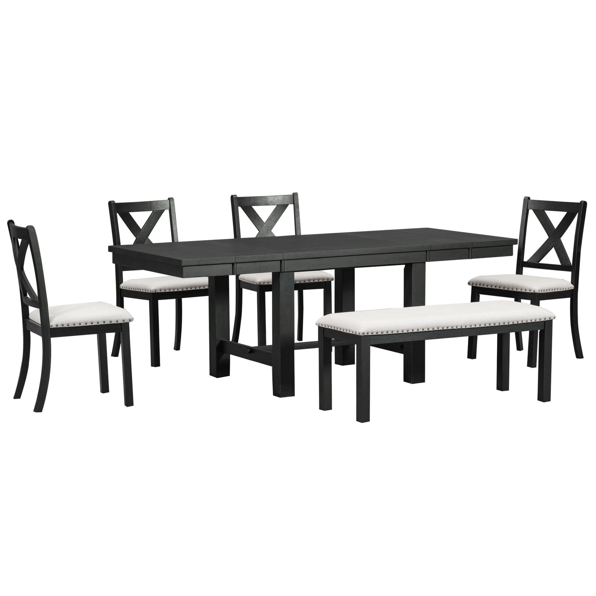 Topmax - 6 Piece Farmhouse Extendable Dining Table With Footrest, 4 Upholstered Dining Chairs And Dining Bench, Two 11" Removable Leaf - Best Buy Furniture