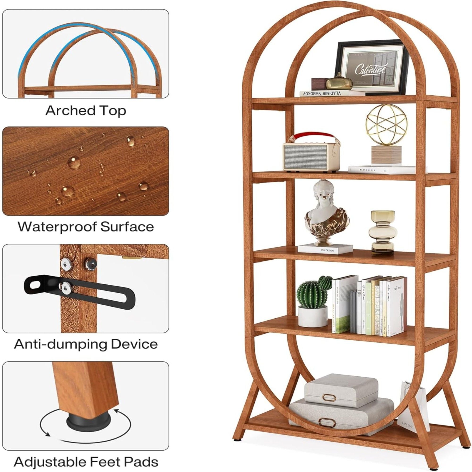 Arched 5 Tier Open Bookshelf For Office - Brown