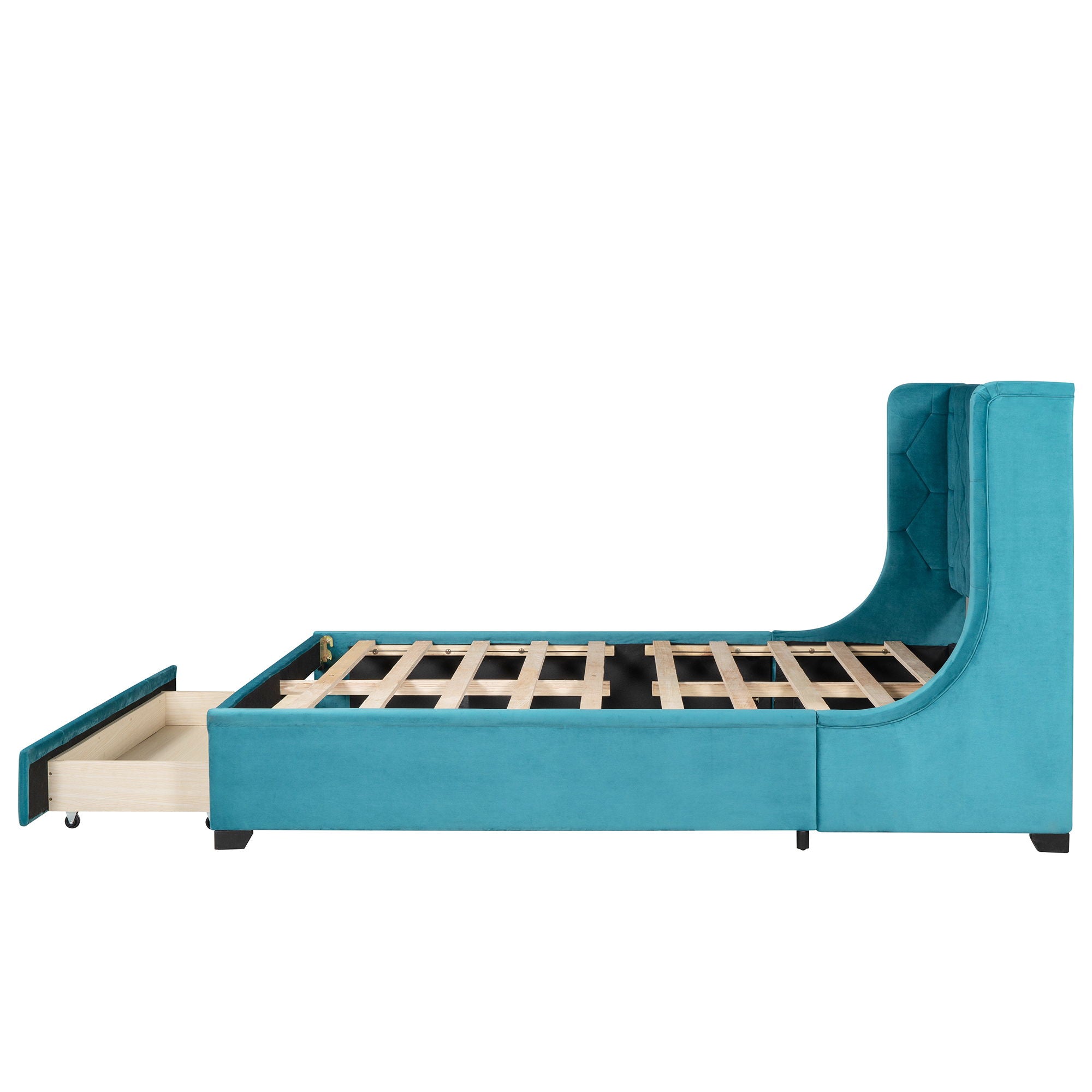Storage Bed Velvet Upholstered Platform Bed With Wingback Headboard And A Big Drawer