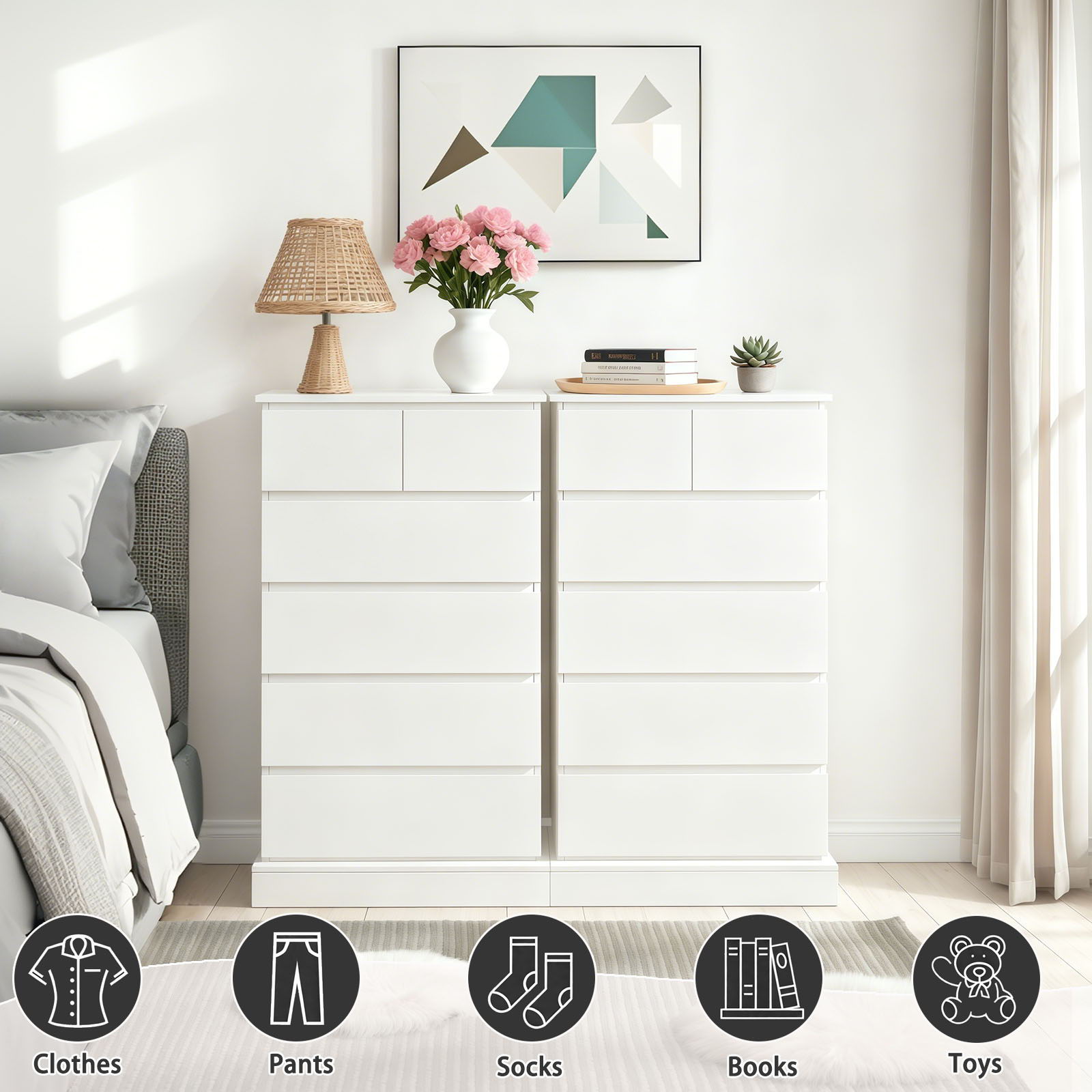 6 Drawer Tall Dresser With Concealed Handles, Vertical Storage Cabinet For Bedroom - White
