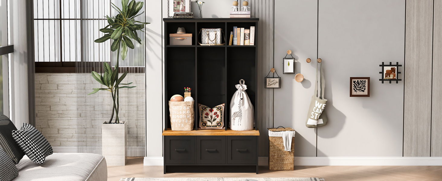 Modern Hall Tree With 3 Shelves And Drawers, Storage Bench