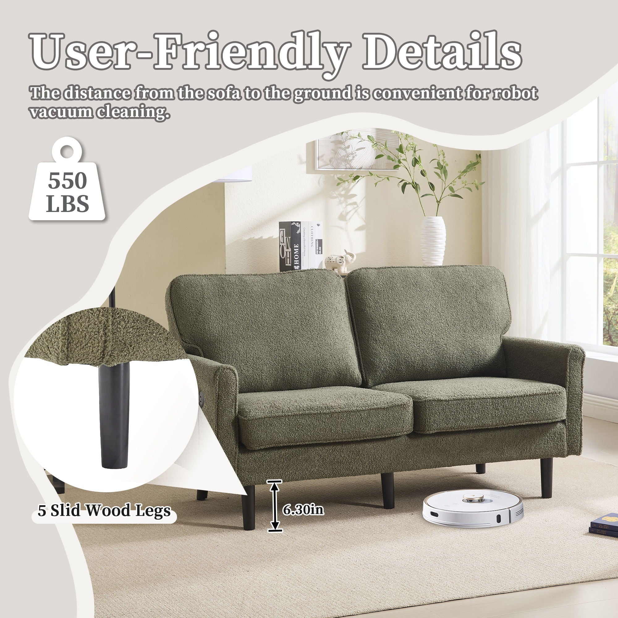 Mid Century Modern Loveseat Sofa With USB Ports, Removable Pillow Cover