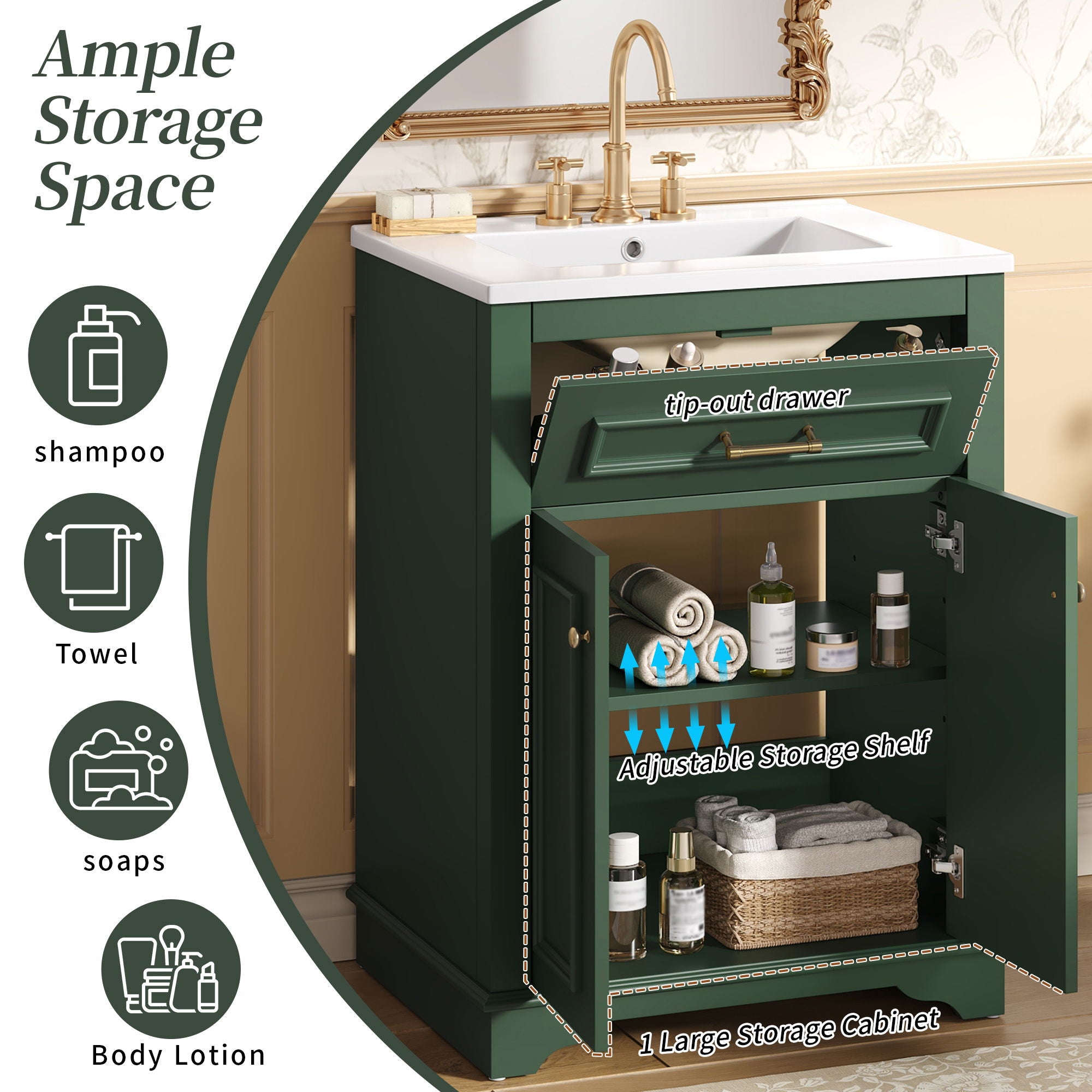 Bathroom Vanity With Integrated Sink, 2 Door Cabinet With Tip Out Drawer, Rectangular Design