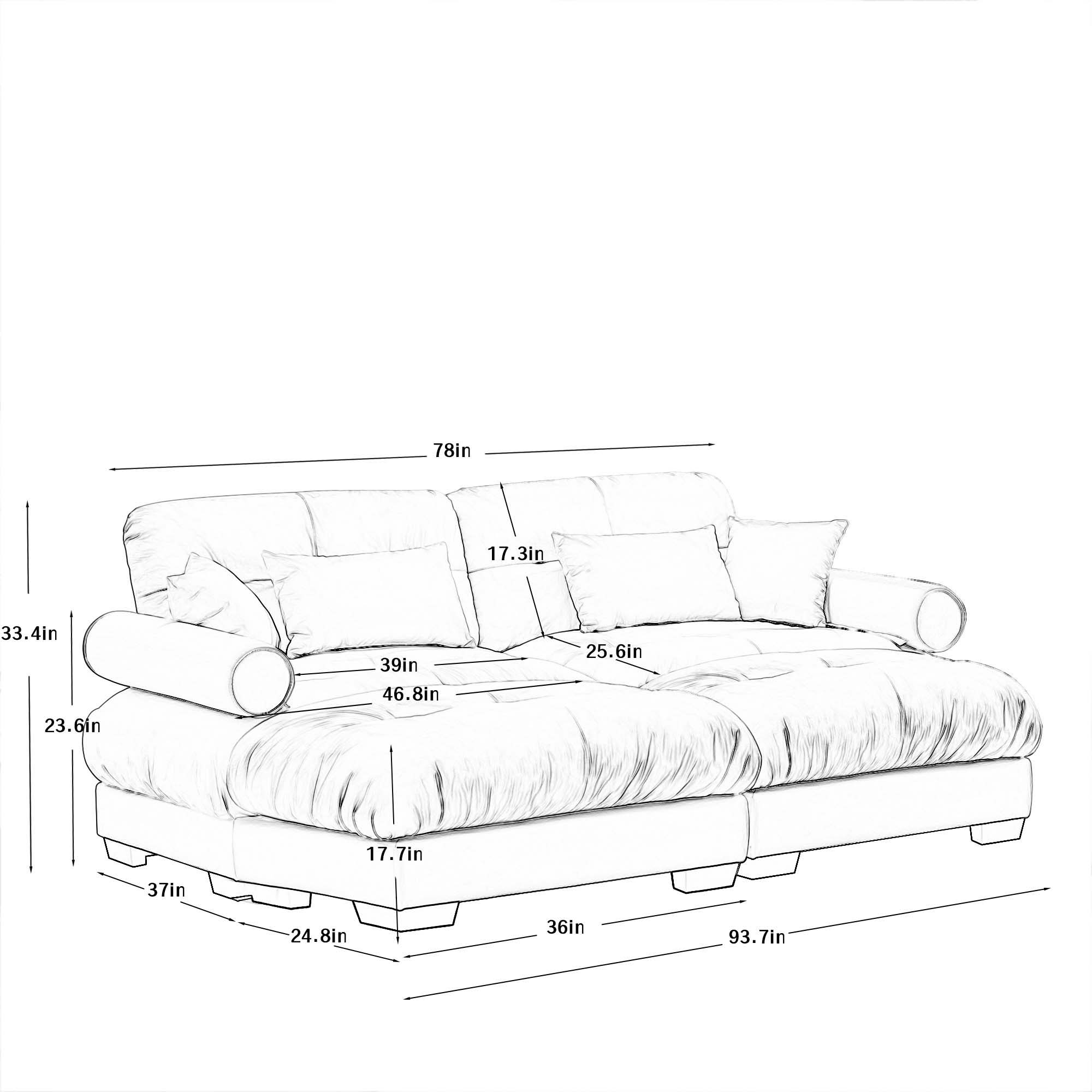 Modern Sectional Sofa With Ottoman, Round Bolster Armrests, Waist And Throw Pillows