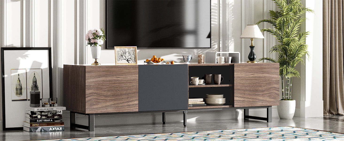 Modern TV With 3 Cabinets & Open Shelves, Color-Matching Media Console Table For Tvs Up To 80'', Entertainment Center With Drop Down Door For Living Room - Dark Brown