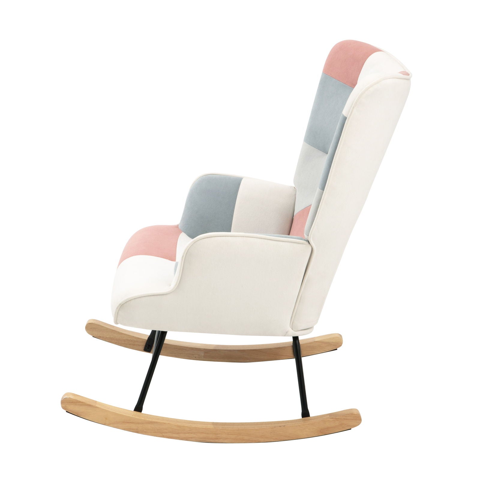 Accent Rocking Chair, Mid-Century Fabric Rocker Chair With Wood Legs And Patchwork Linen For Livingroom Bedroom - Pink