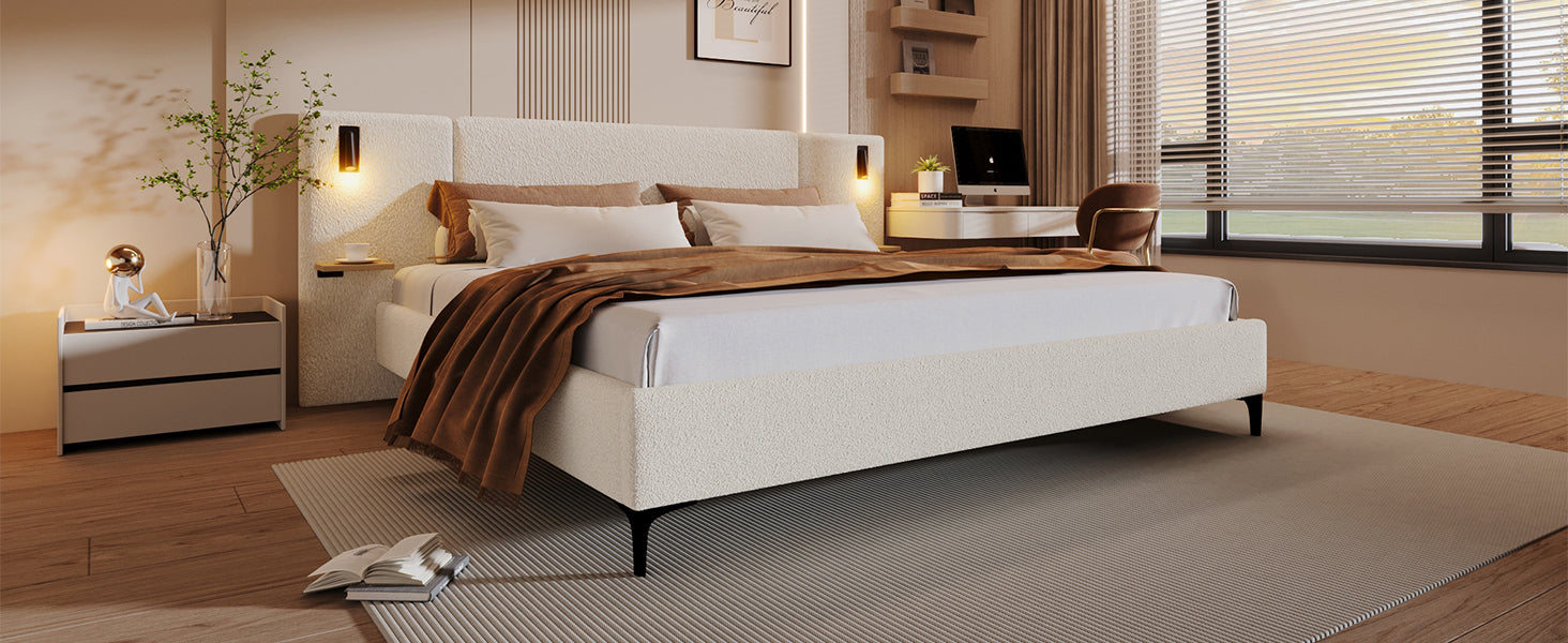 Chic Boucle Upholstered Bed with Integrated Lights and Shelves, White, King - Best Buy Furniture