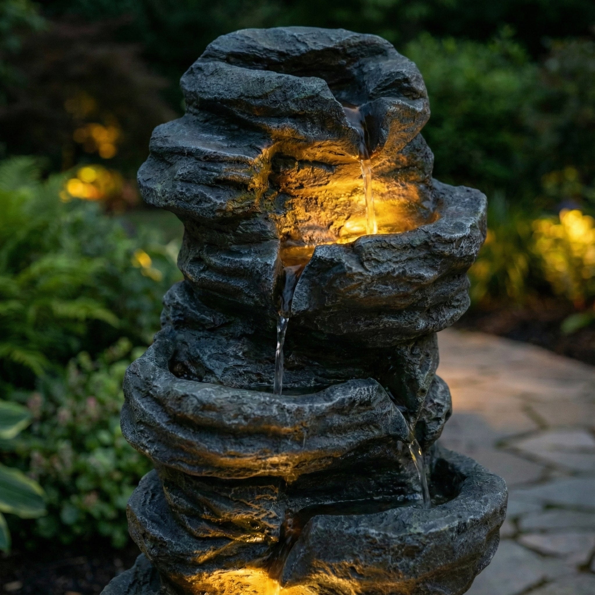 6-Tier Outdoor Cascading Stone Water Fountain with 3 LED Lights