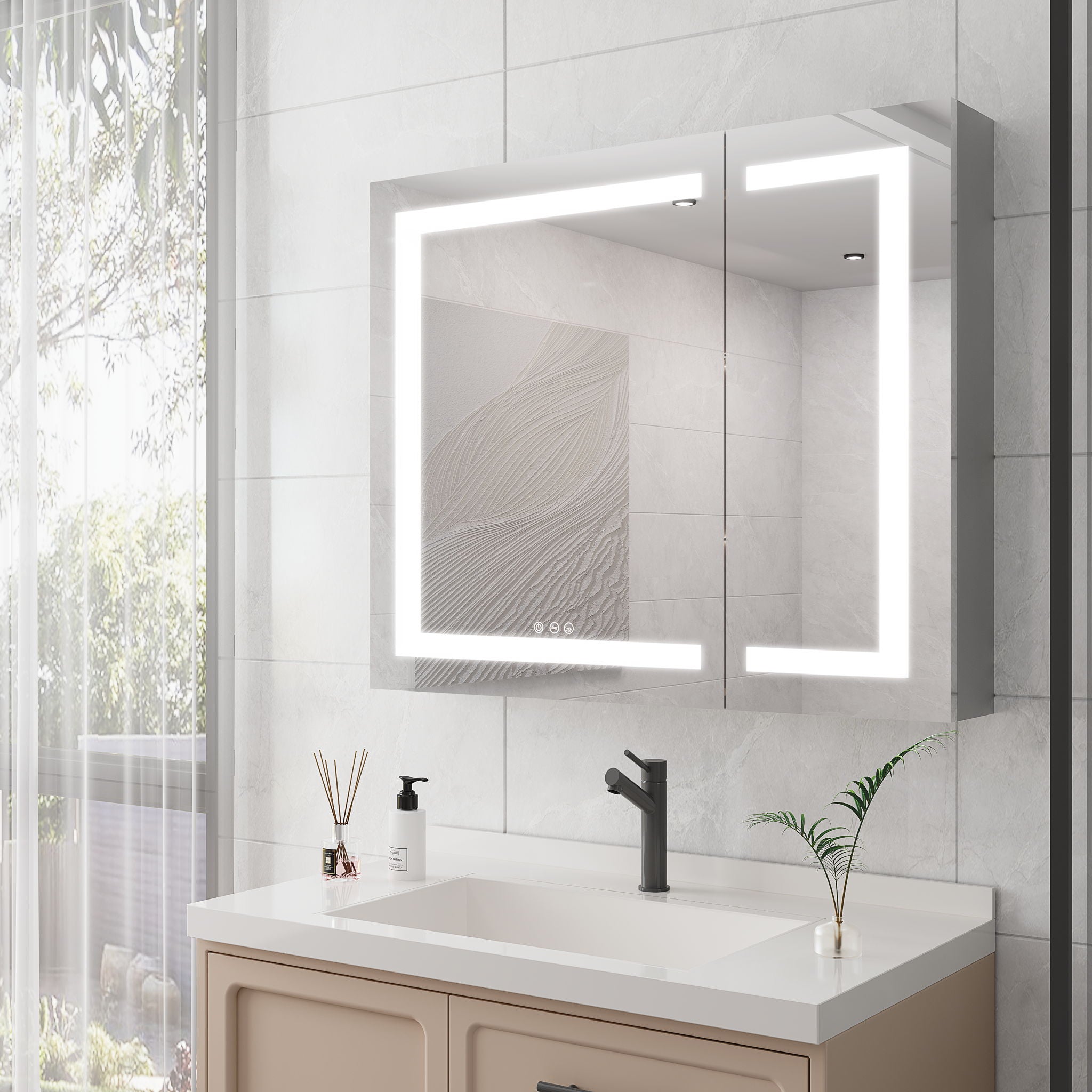 36" X 30" Medicine Cabinet With LED Vanity Mirror, Anti-Fog Recessed Or Surface Mount Bathroom Double Door Large Storage 3000K~6000K Bright Lighted Aluminum Storage Cabinet With Touch Switch - Silver