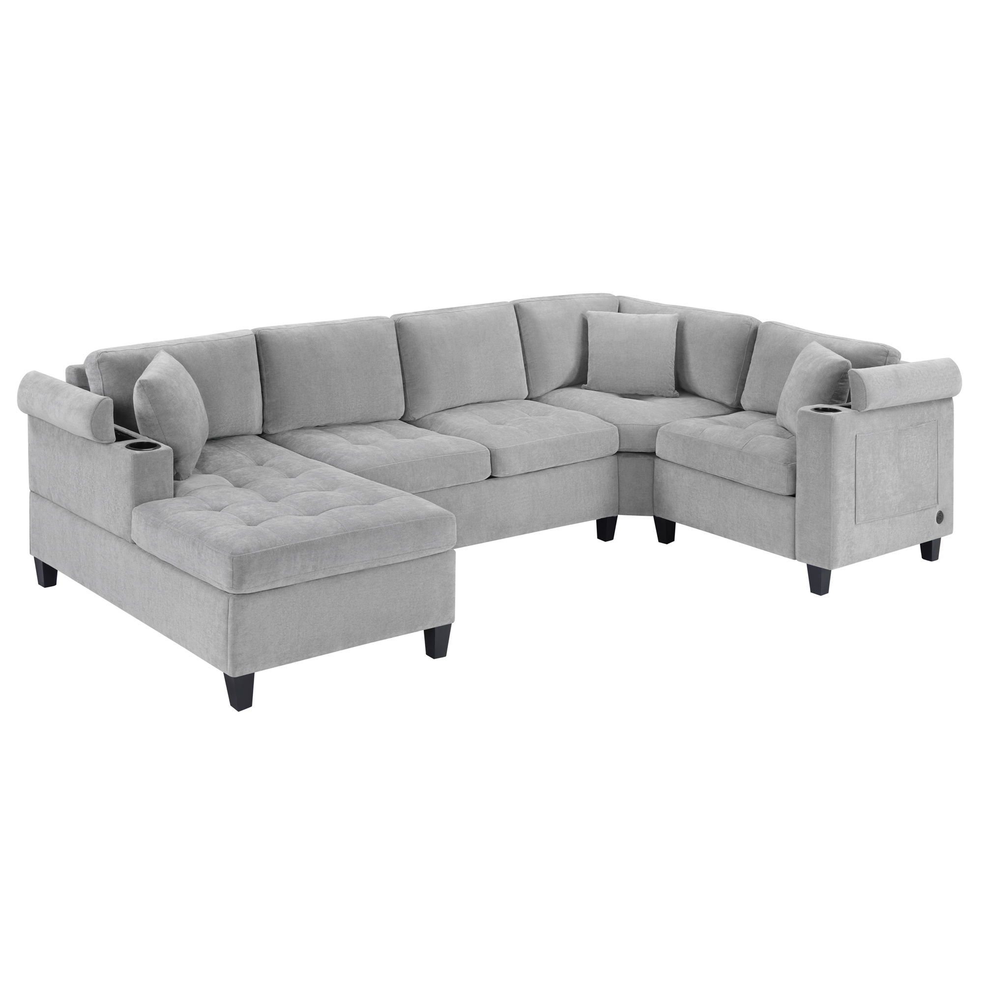U Shaped Sectional Sofa, Corner Living Room Couch With Built In Cup Holders, Storage, USB Ports