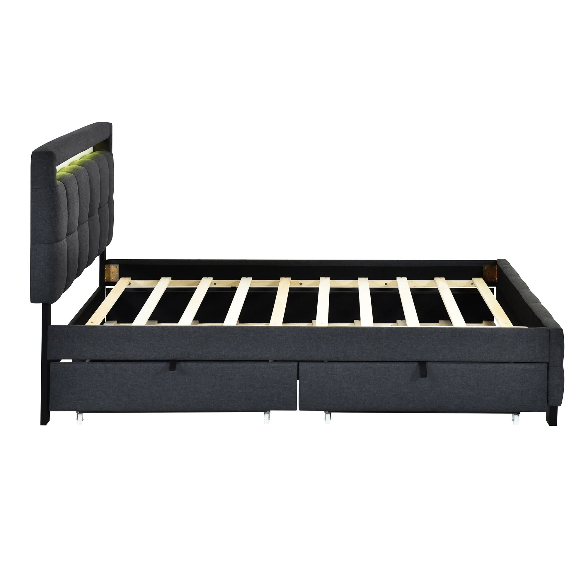 Upholstered Platform Bed With LED Frame, With Trundle And 2 Drawers