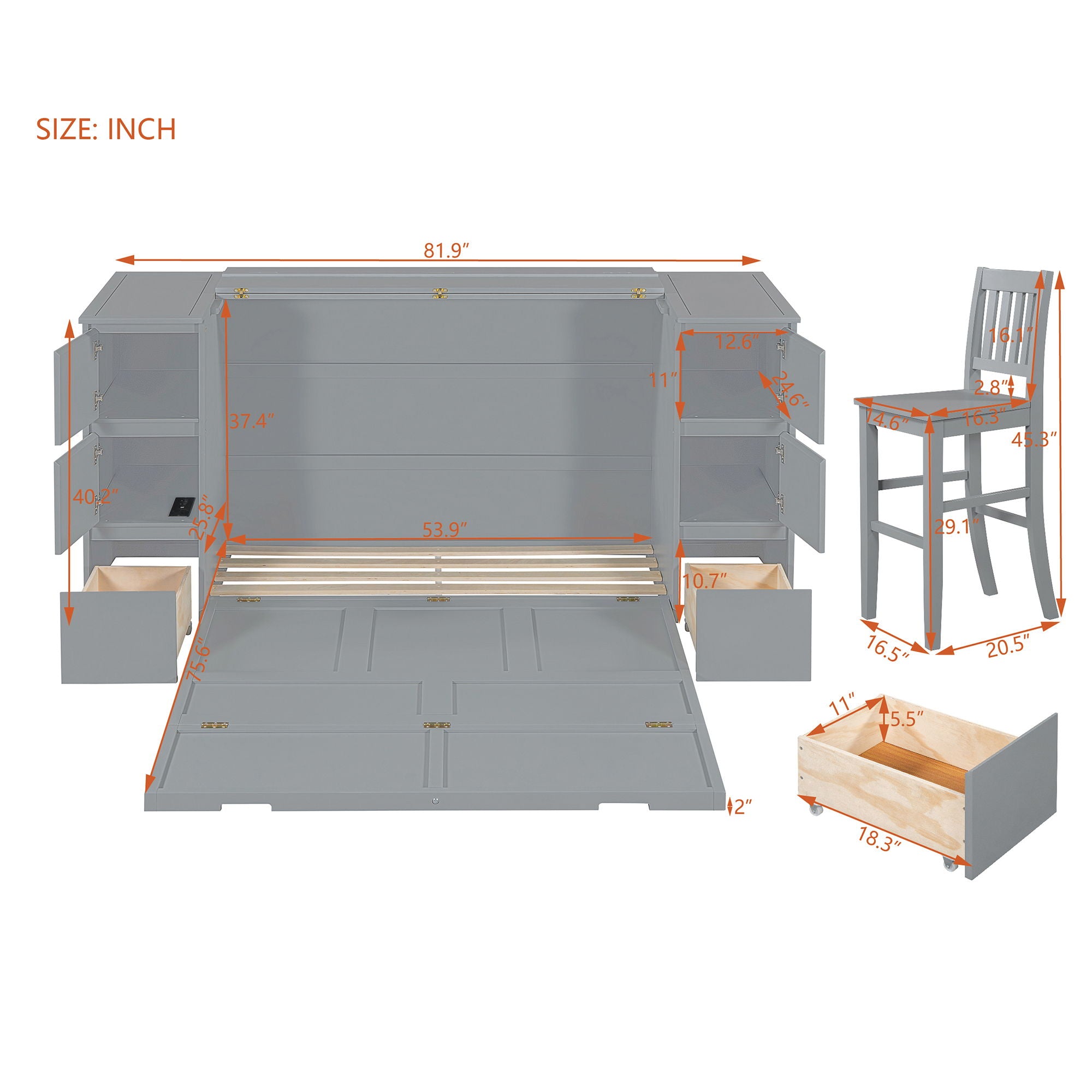 Murphy Bed With Drawers, Cabinets, And USB Ports