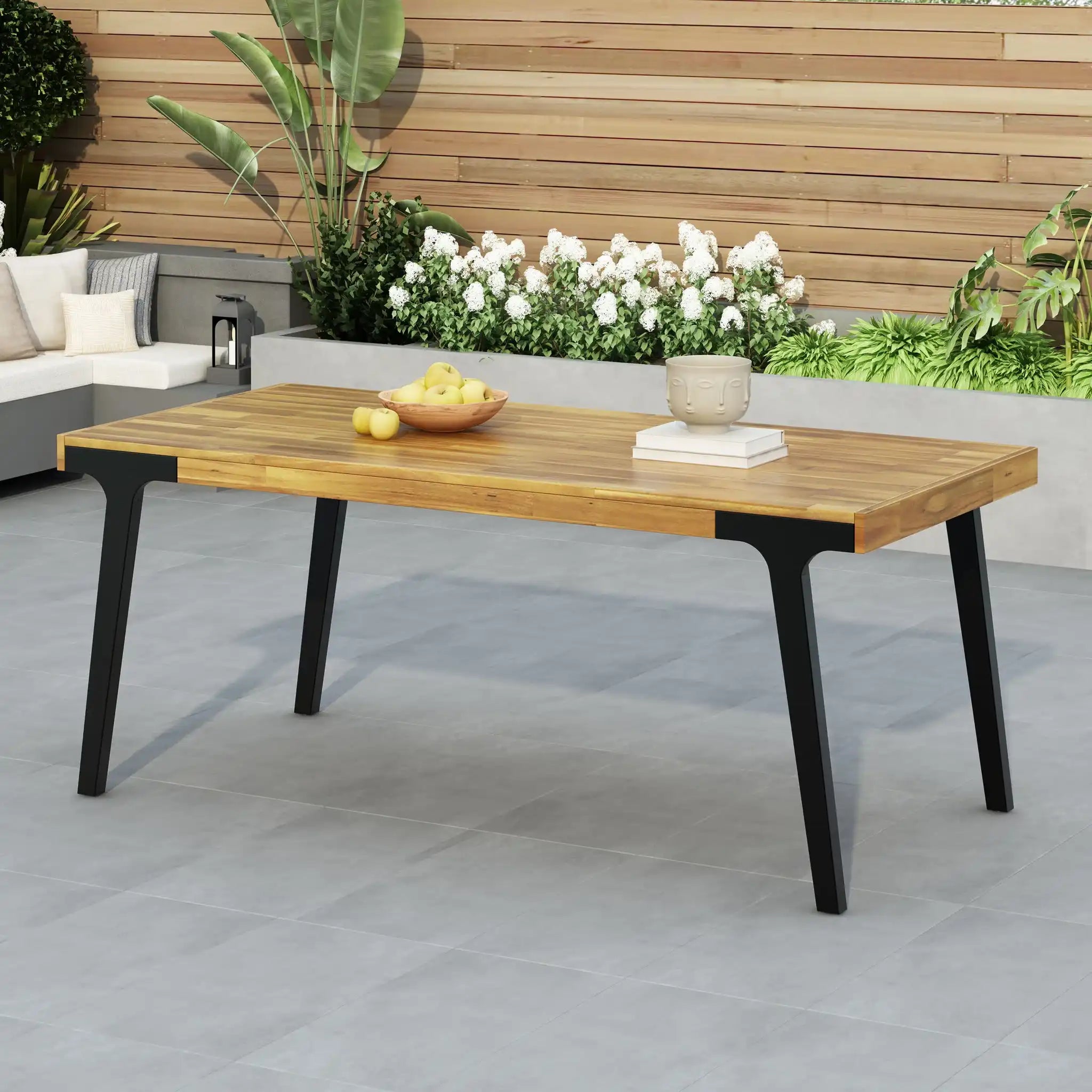 Acacia Wood Patio Dining Table, 69"L Rectangle Outdoor Table - Teak / Black