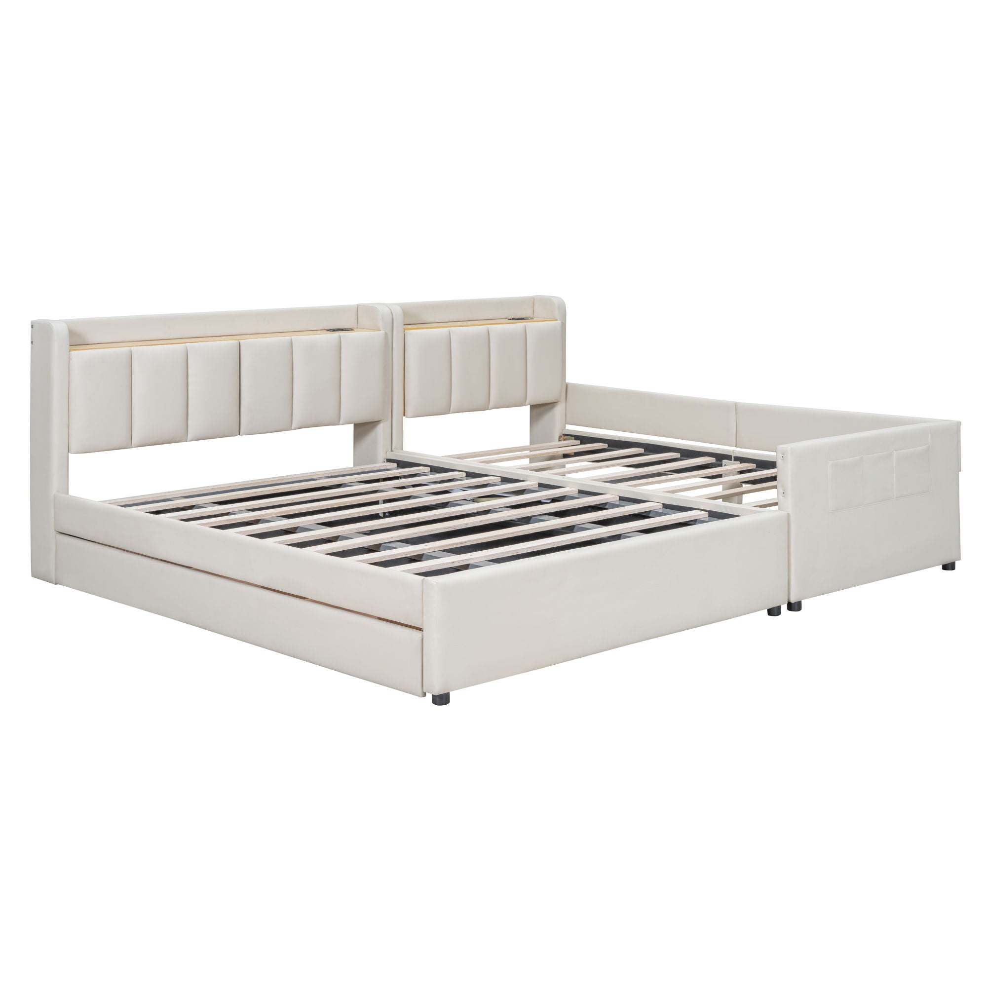 Upholstered Mother & Child Bed With Hydraulic Storage System, Drawer Box, Bedhead Storage Shelf And 2 Pairs Of Sockets & USB Ports