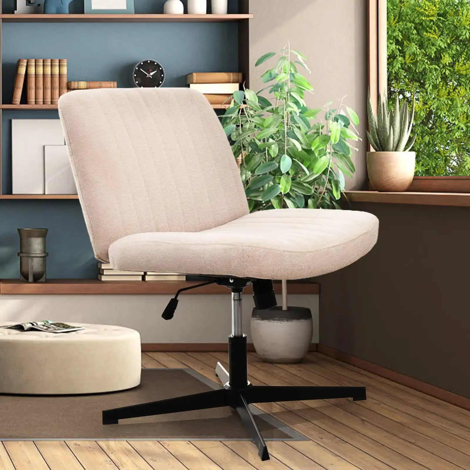 Cross Legged Office Chair, Wide Comfty Desk Chair, Vanity Home Chair No Wheels Armless Computer Task Chair, Swivel And Height Adjustable - Beige