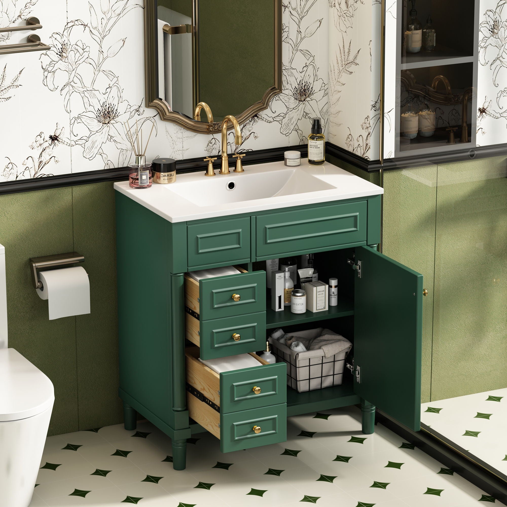 Bathroom Vanity With Sink, Freestanding Storage Cabinet & 2 Drawers And Soft Closing Door, Solid Legs, Frame, Basin,