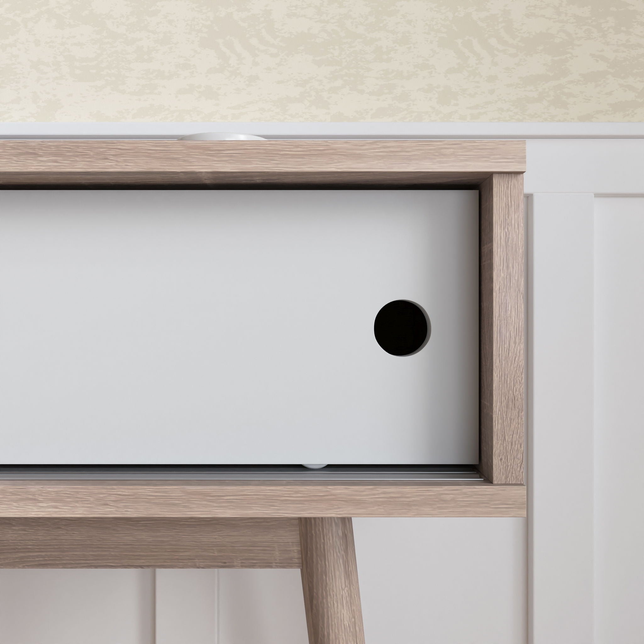 Rustic Entryway Console Table With Sliding White Doors And Wood Legs - Natural