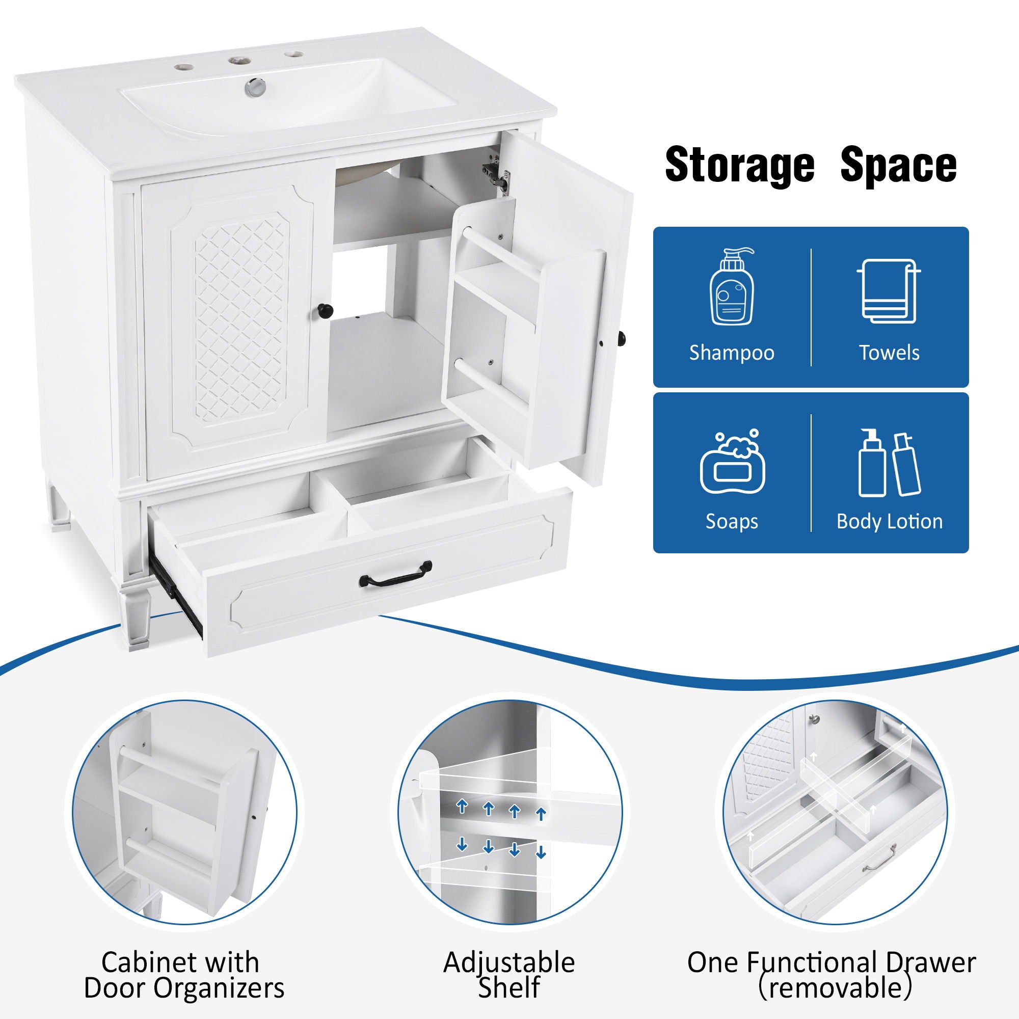 Vintage Style Bathroom Vanity With Sink, Multi Functional Storage, Soft-Closing Door - Best Buy Furniture