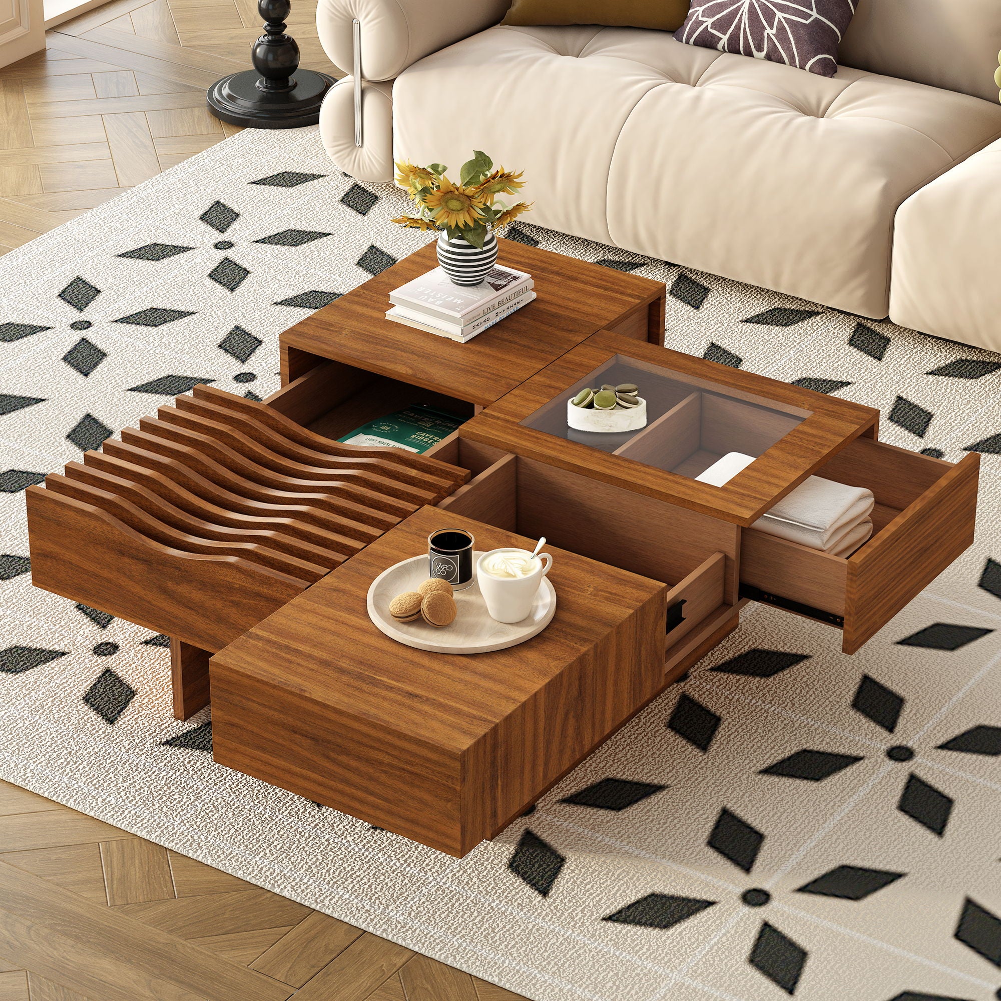 Unique Square Coffee Table With 3 Drawers
