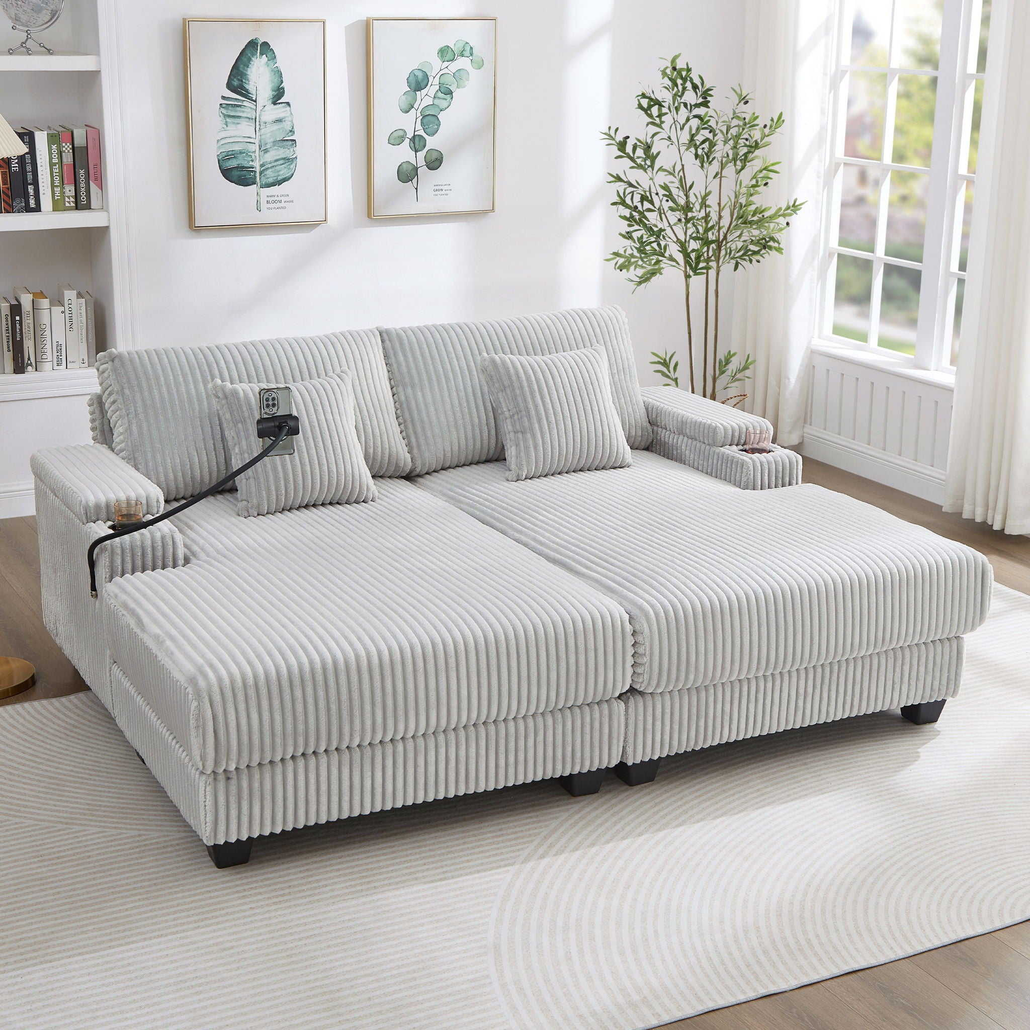 Modern Chaise Sofa With Adjustable Backrest, Cup Holders, Phone Holder & Storage Compartments For Living Room