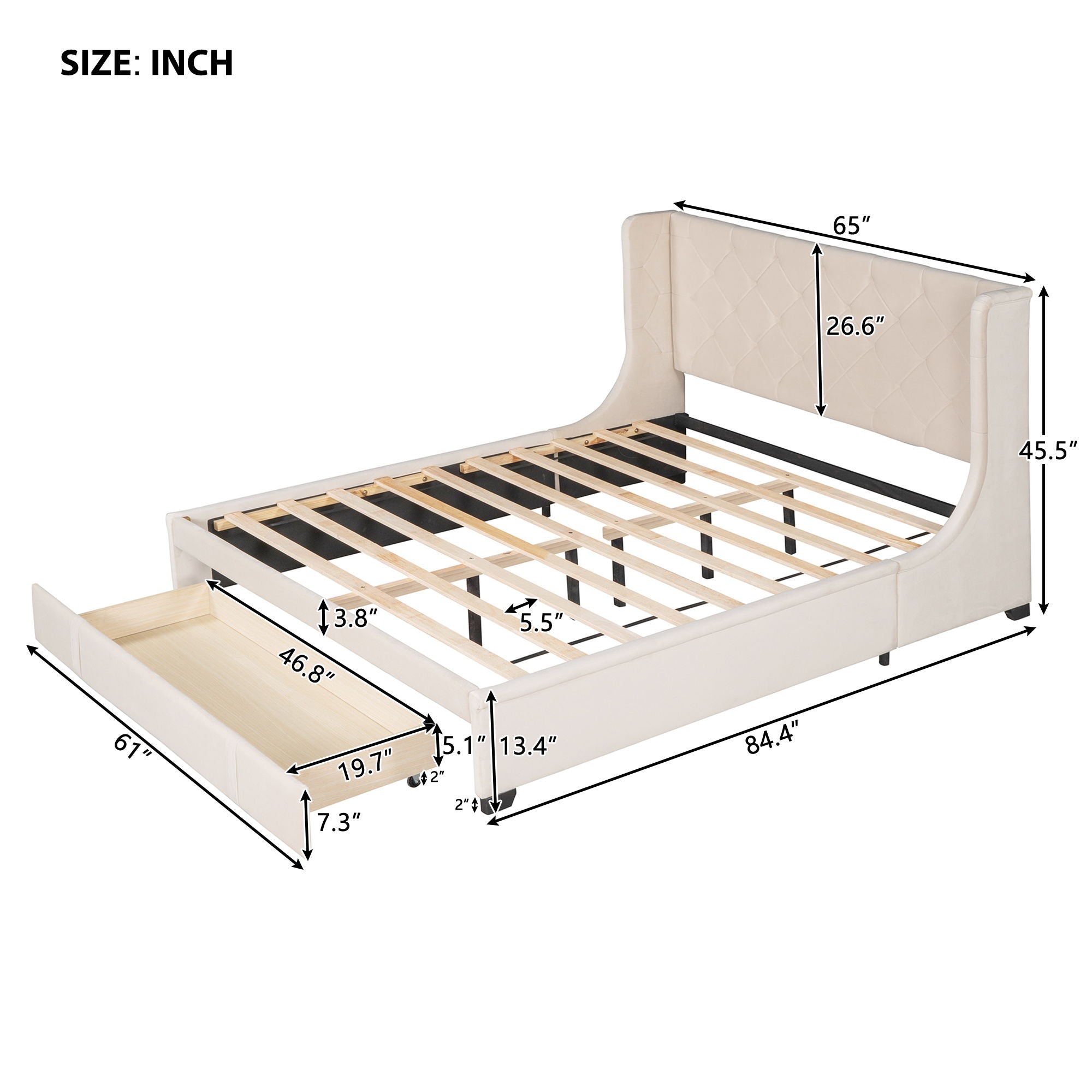 Storage Bed Velvet Upholstered Platform Bed With Wingback Headboard And A Big Drawer