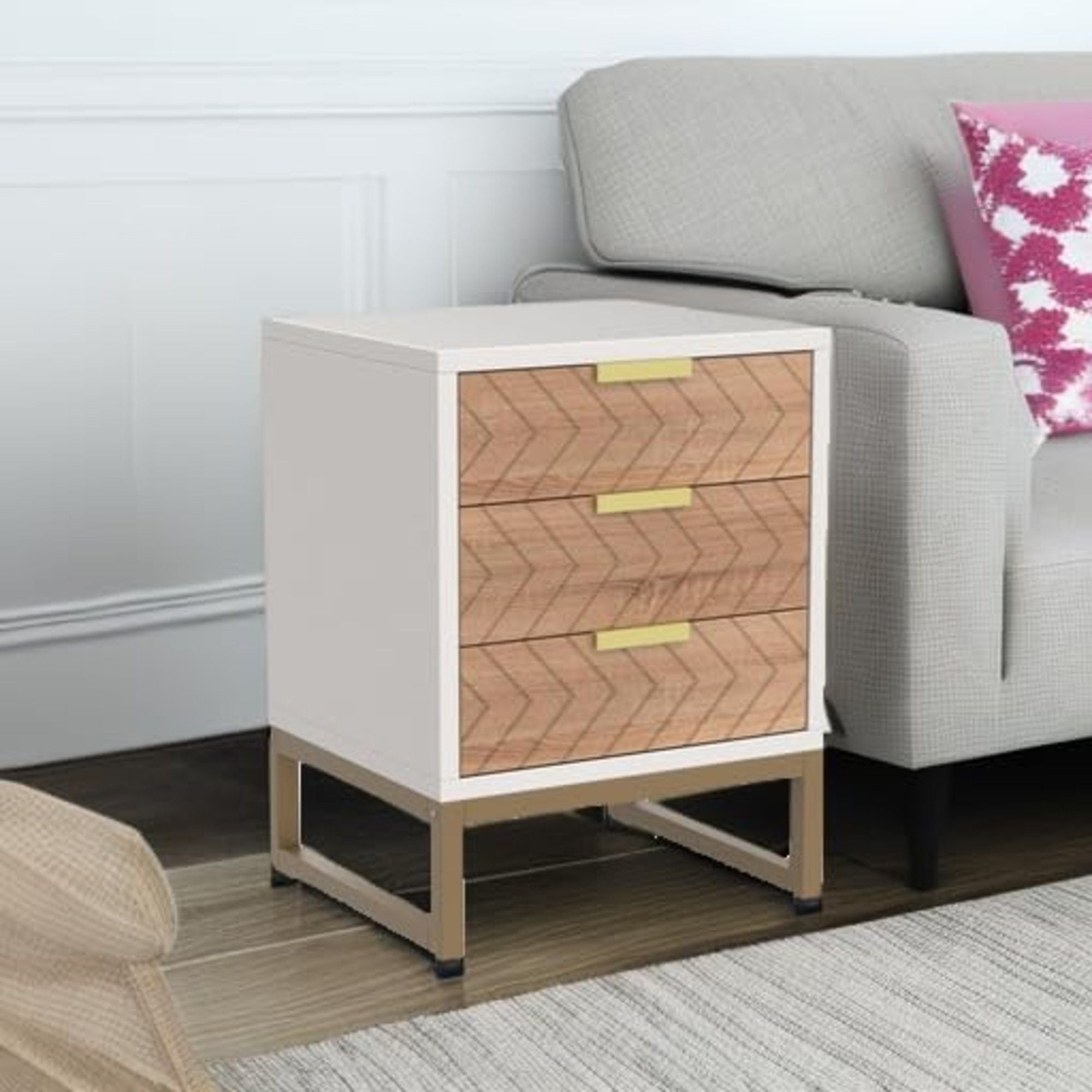 Nightstands With 3 Drawers, Zig Zag Design (Set of 2) - White / Oak