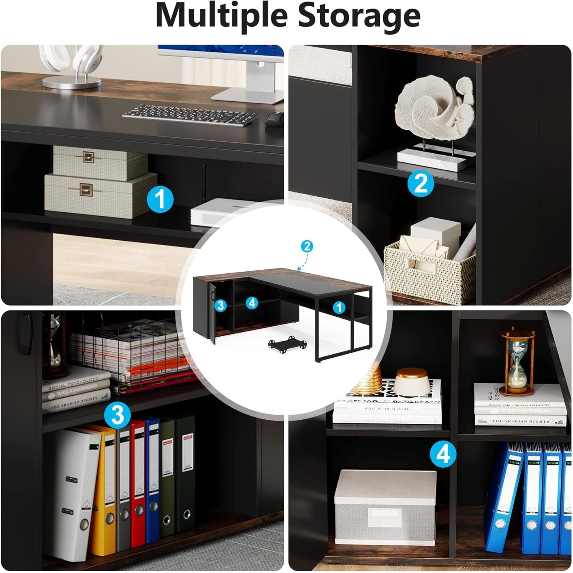 L-Shaped Executive Desk With Storage Cabinet & Shelves, Home Office Workstation With Cpu Stand And Printer Station - Brown / Black