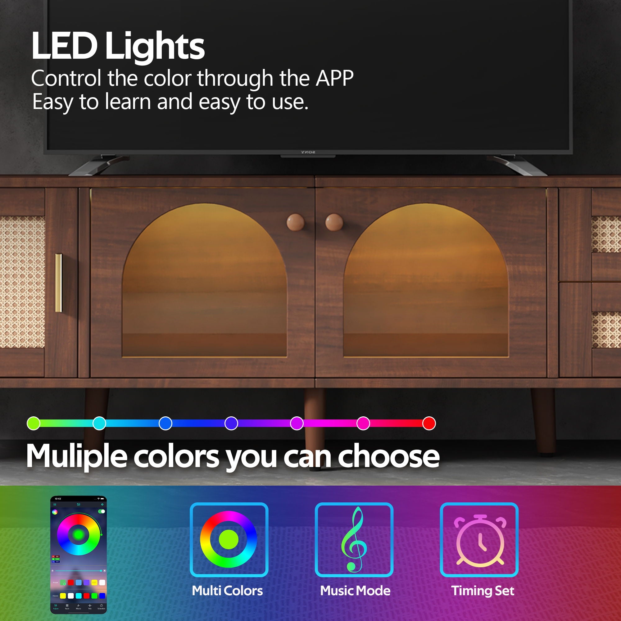 TV Stand With App-Controlled LED Lights, 2 Drawers & Door Storage