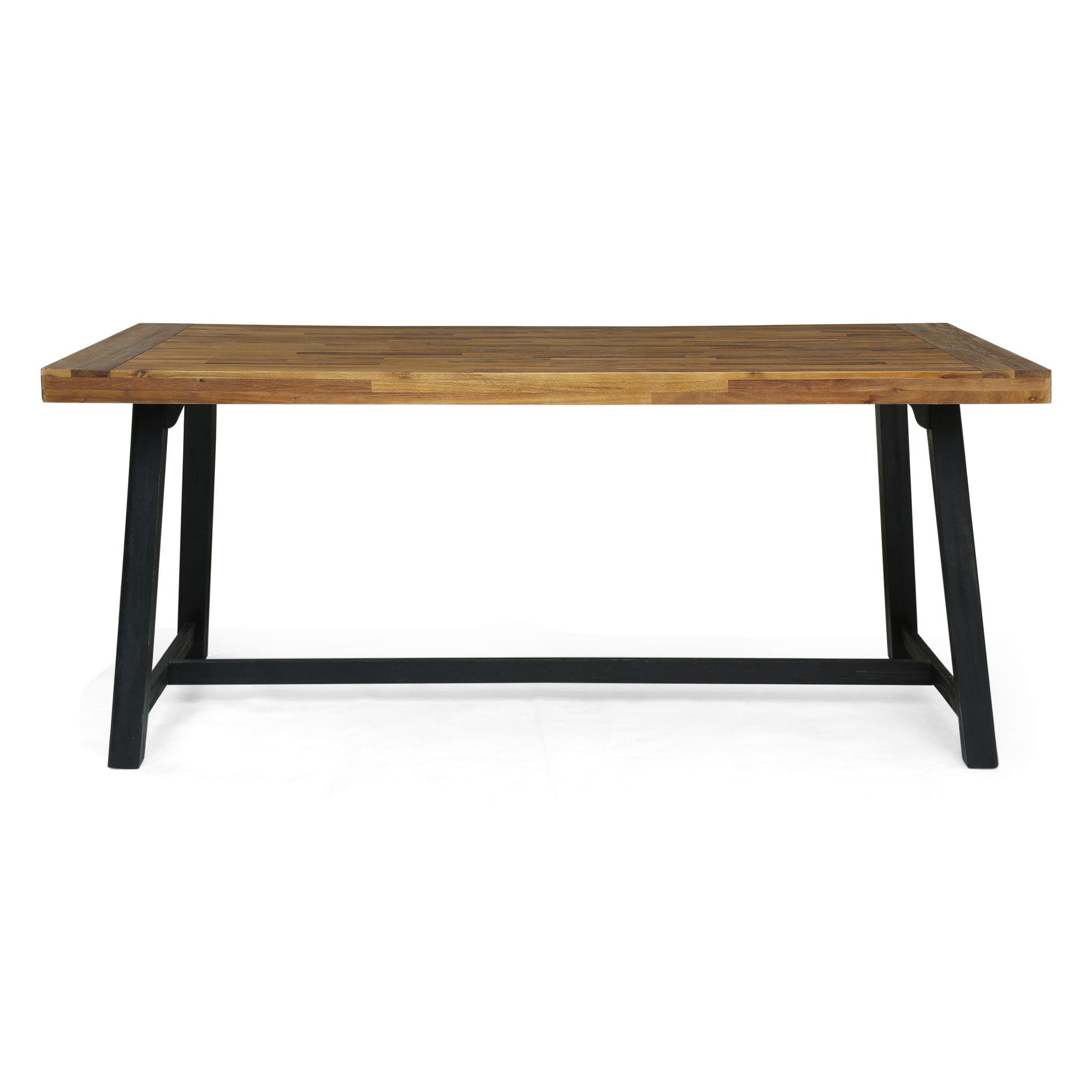 Outdoor Dining Set Acacia Wood Table With 6 Rattan Iron Chairs - Black / Natural / Gray