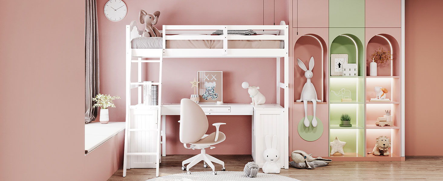 Loft Bed With Drawers, Cabinet, Shelves With Desk