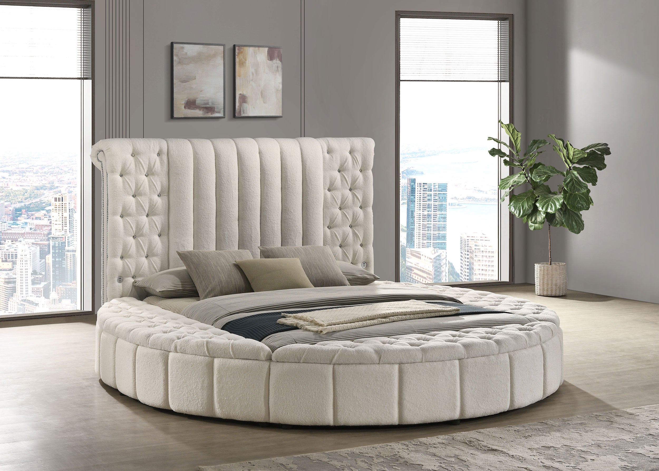 Sonya Upholstered Queen Round Storage Bed Ivory-