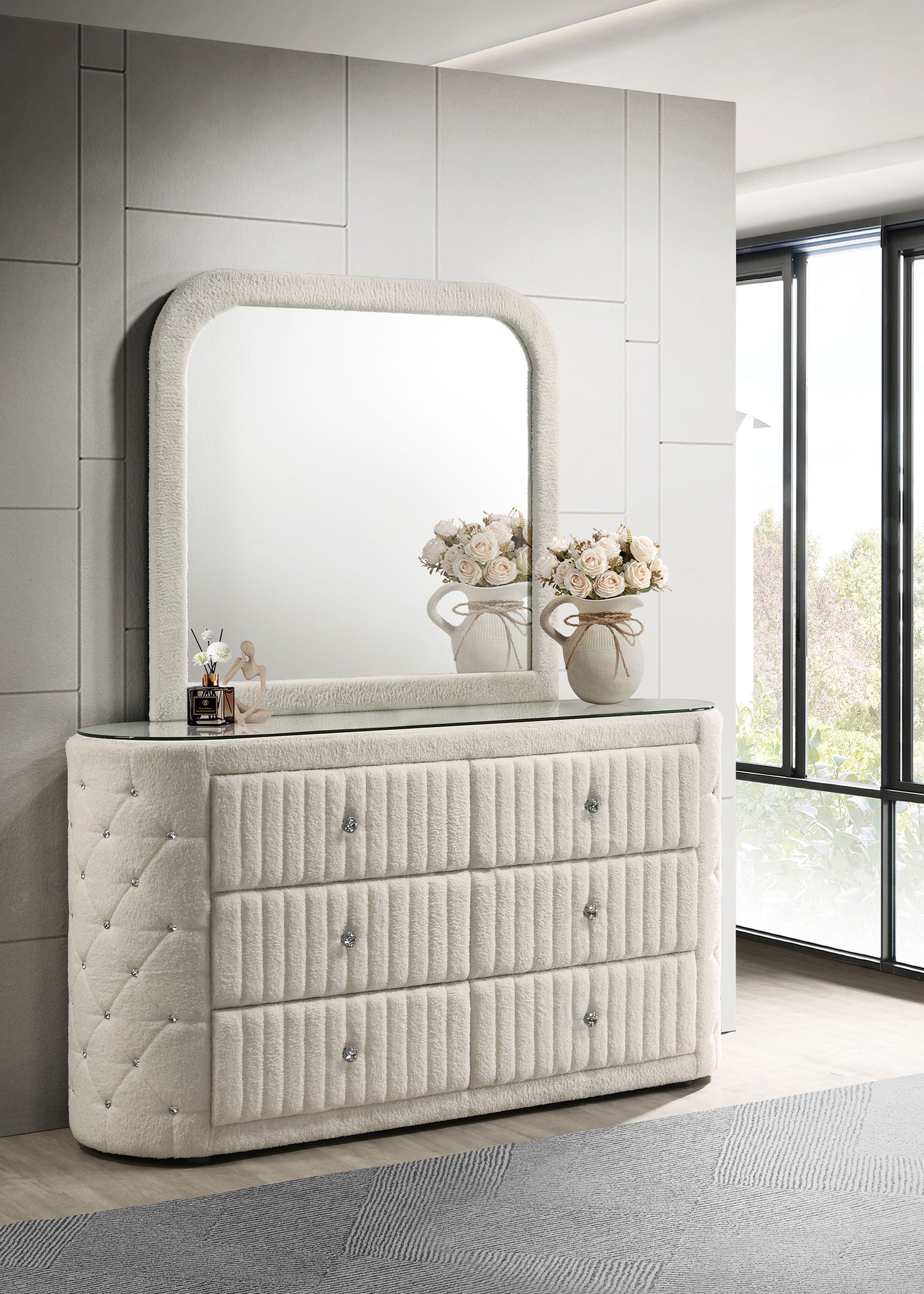 Sonya 6-drawer Upholstered Bedroom Dresser with Mirror Ivory-