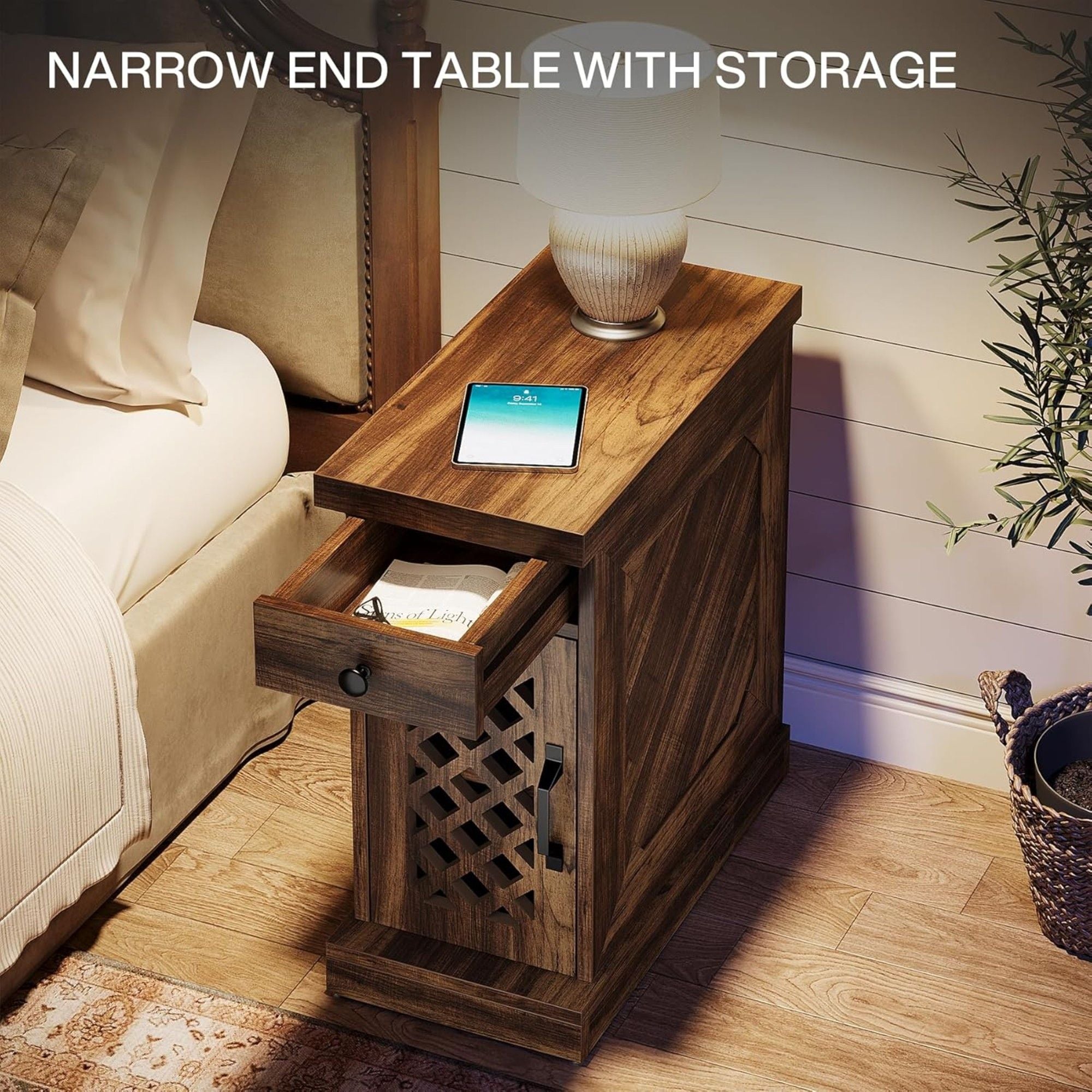 Narrow End Table With Drawer & Cabinet, Nightstand For Small Spaces - Brown