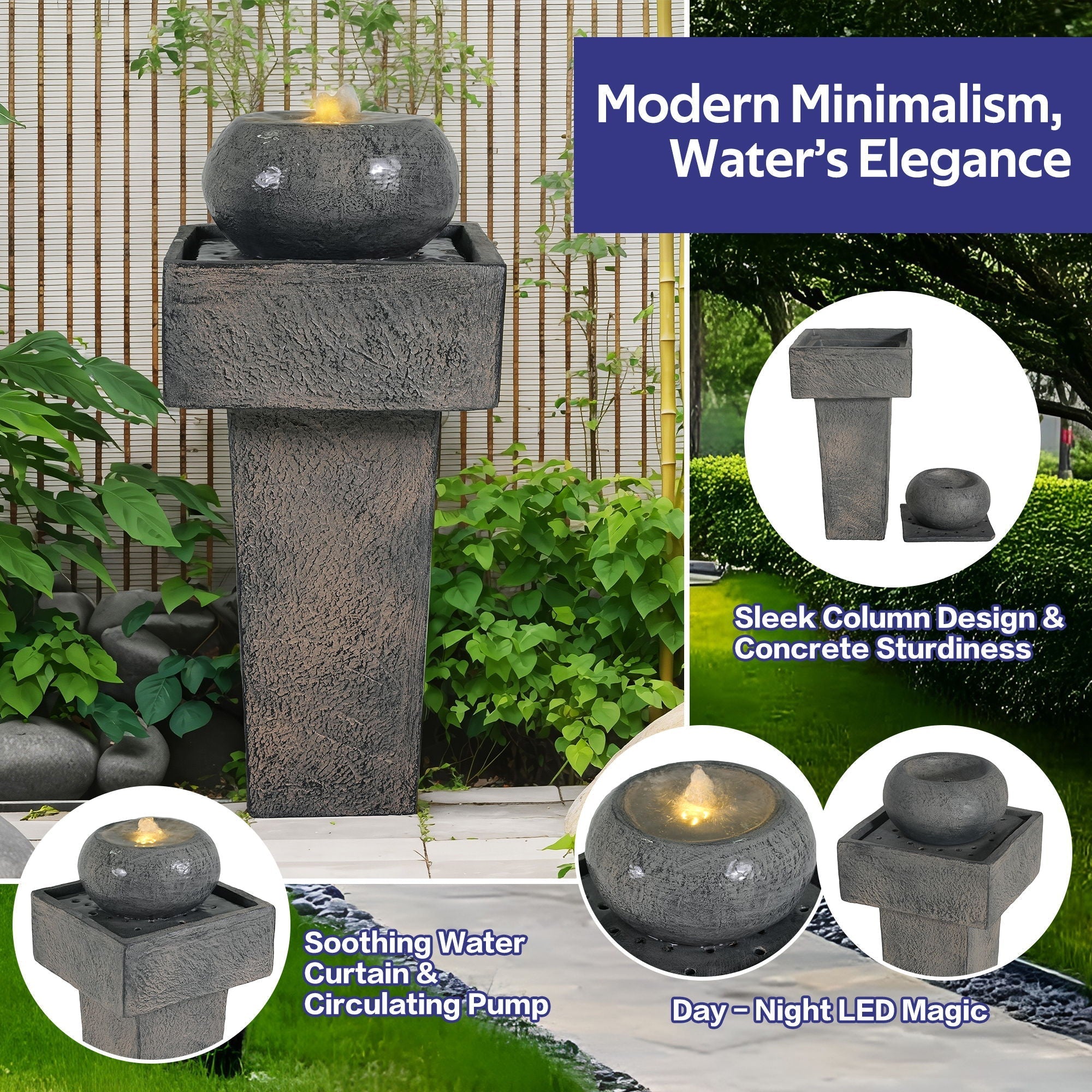 Minimalist Column Fountain With LED Lighting, Outdoor Decor For Patio, Porch And Garden - Gray