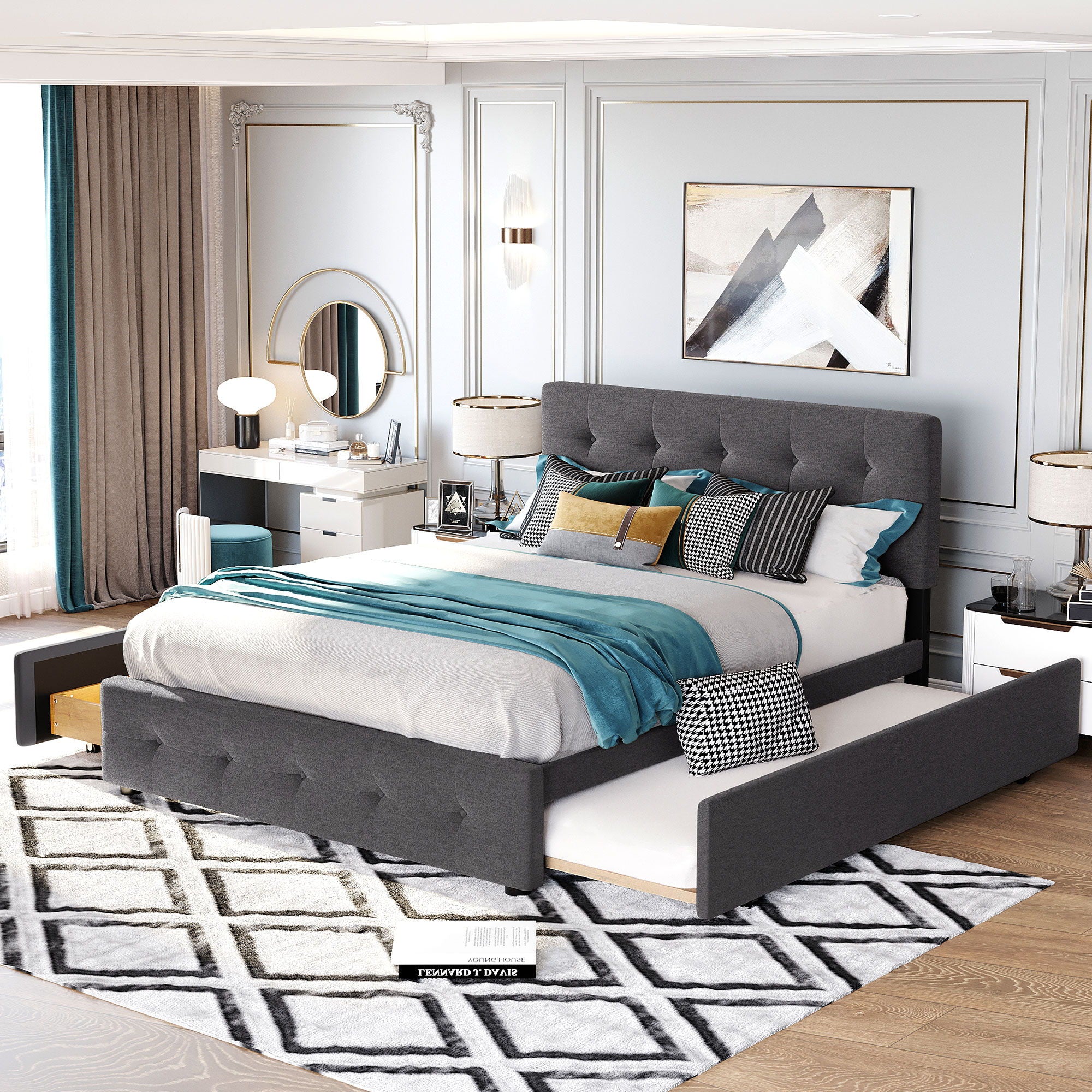 Upholstered Platform Bed With Classic Headboard And Drawers, No Box Spring Needed
