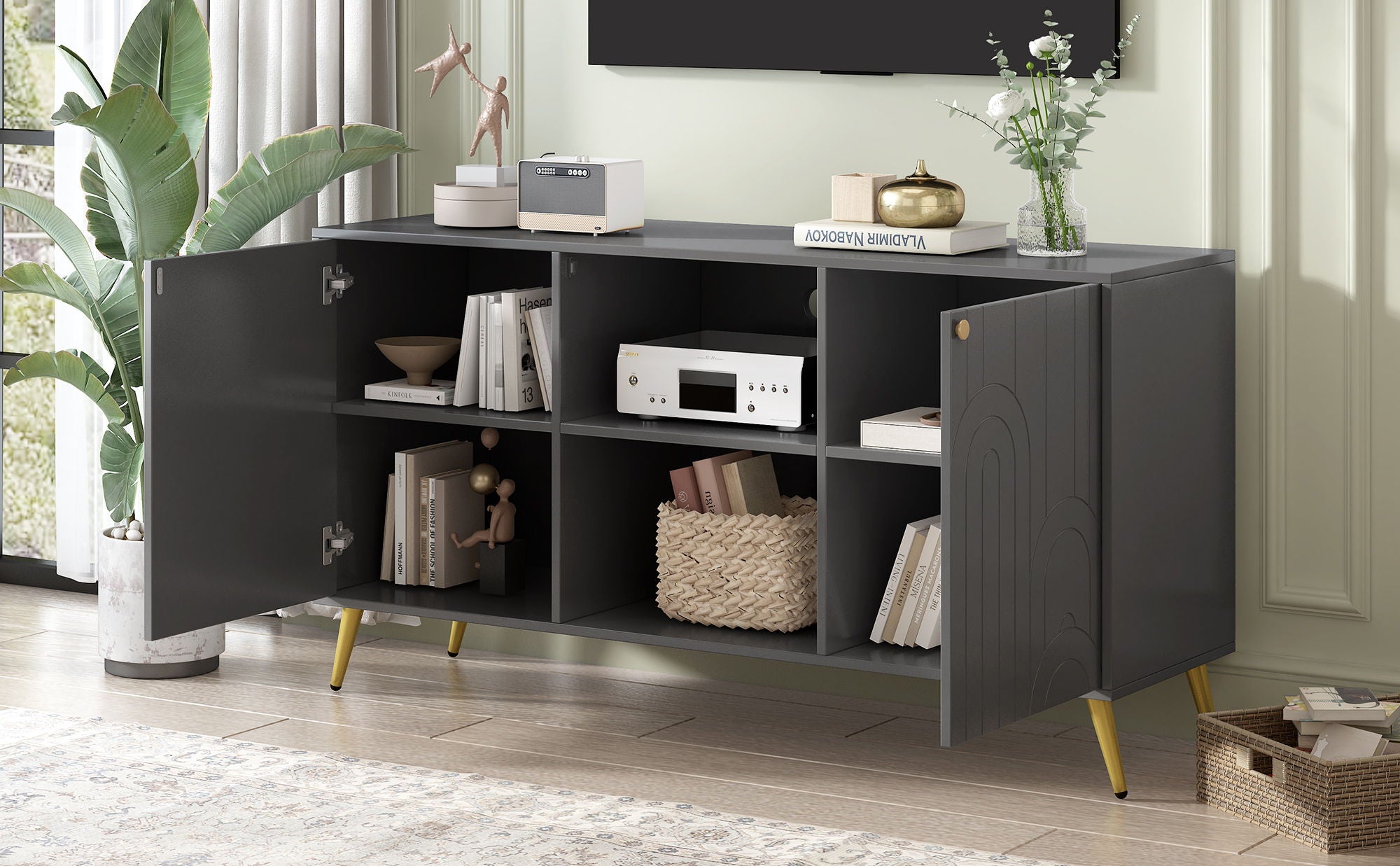 Modern TV Stand With Adjustable Shelf, Handles And Anti-Tip Device