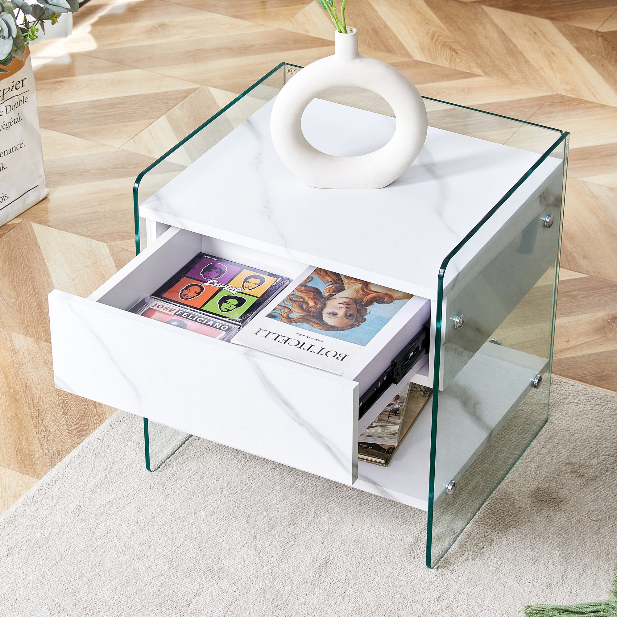 Luxury White Nightstand with Tempered Glass