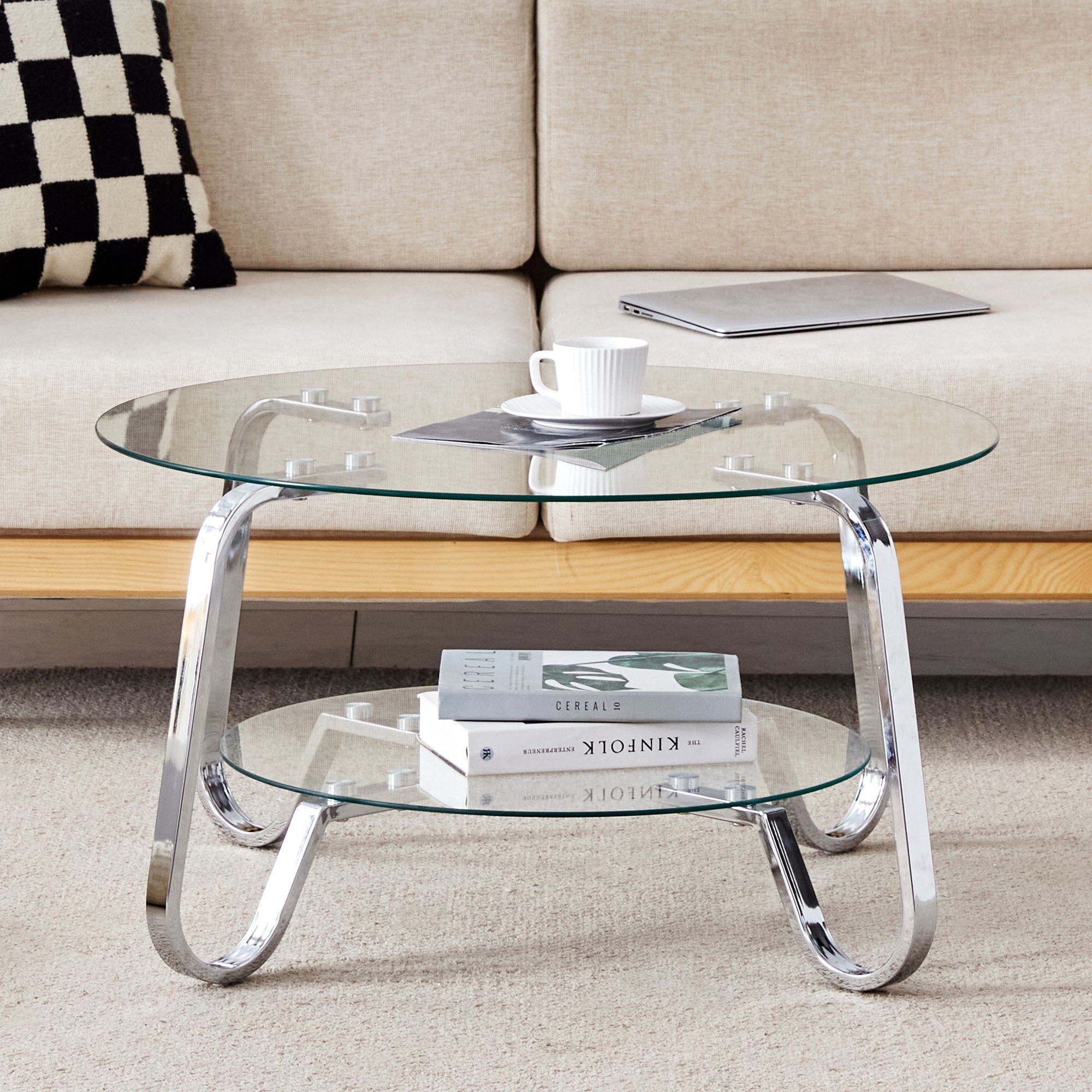 Retro Minimalist Style Metal Frame Double Layer Tempered Glass Coffee Table