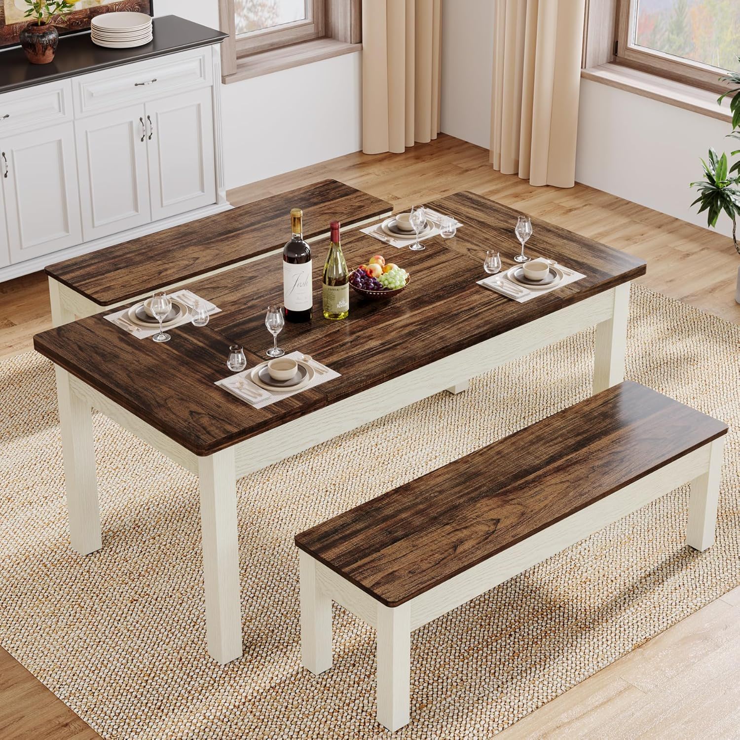 Dining Table Set For 4 - 6 With Tuck Under Benches - Brown / White