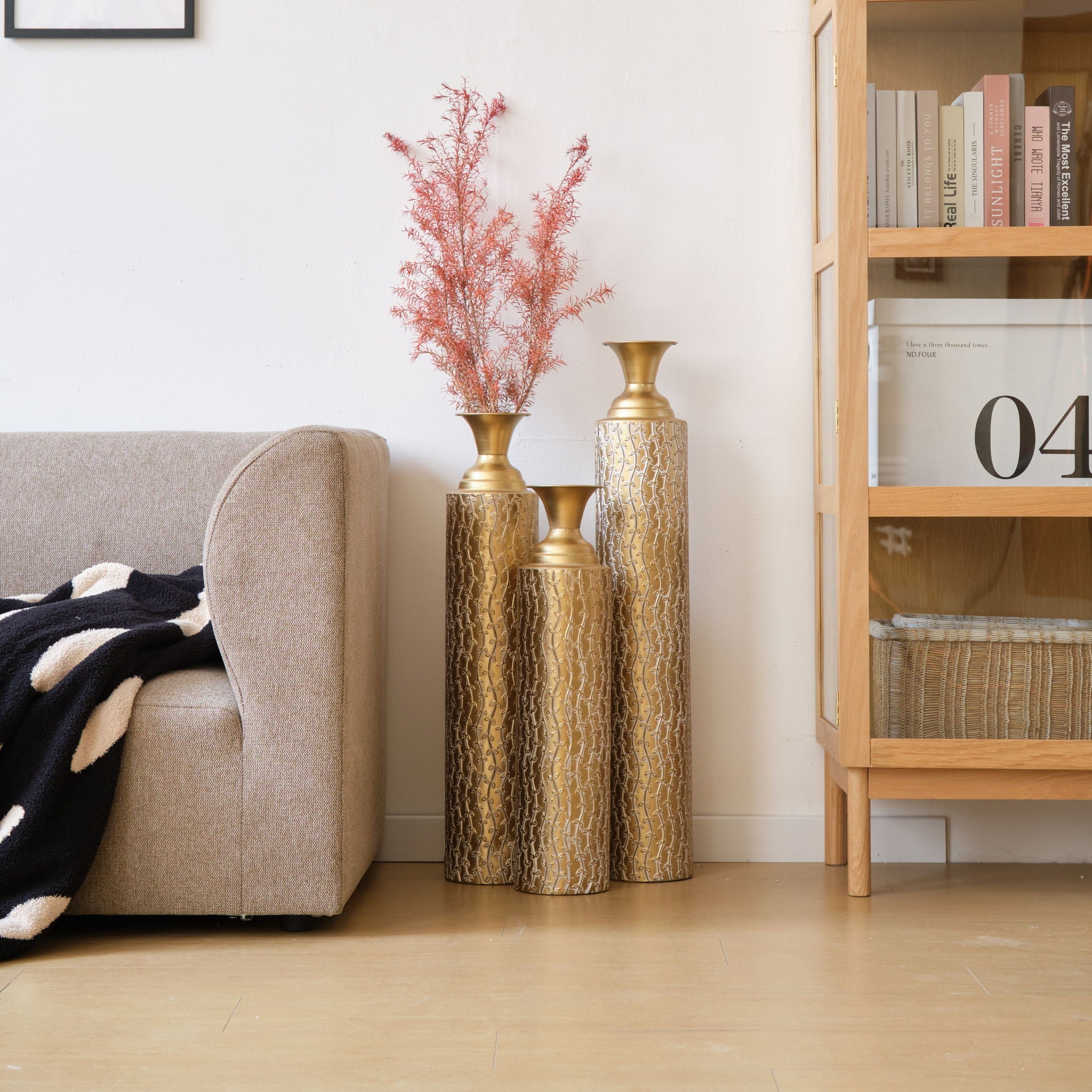 Metal Decorative Vases High Distress Metal Center Vases With Growing Vine Patterns, (Set of 3) Vases For Home Decoration - Gold - Best Buy Furniture