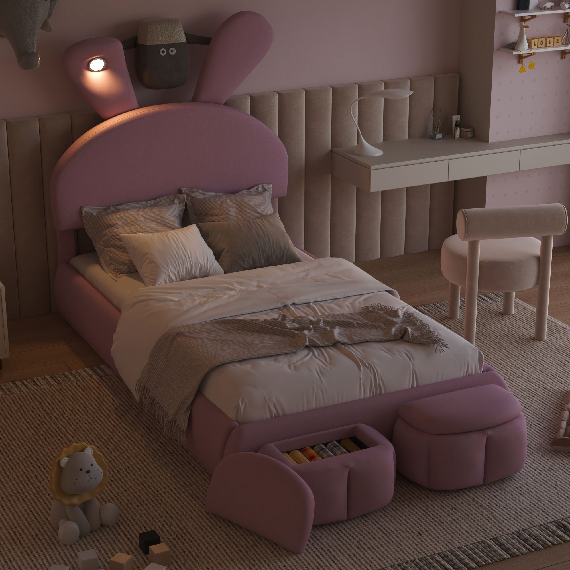 Upholstered Platform Bed With Cartoon Ears Shaped Headboard And LED Light